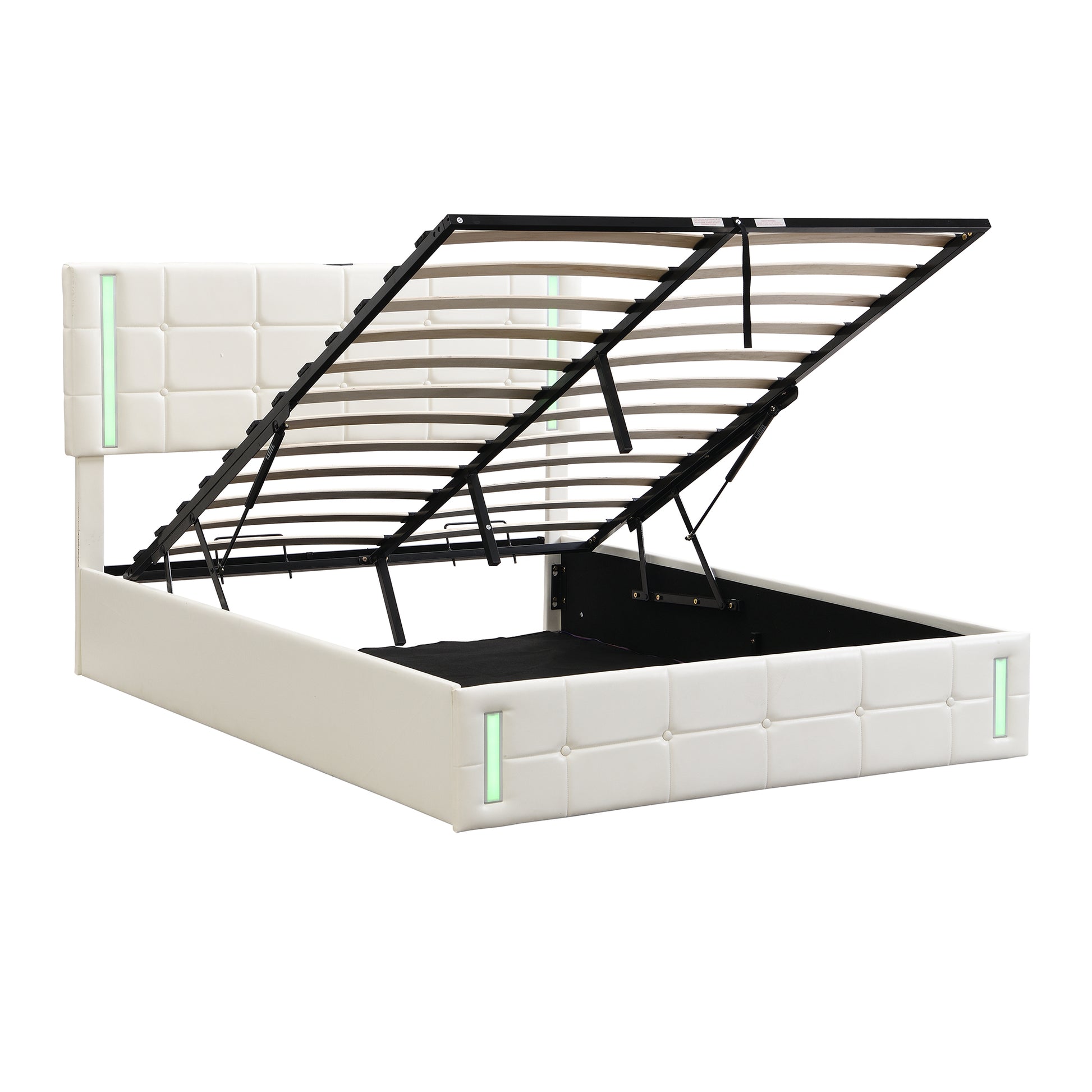 Queen Size Upholstered Bed With Led Lights,Hydraulic Storage System And Usb Charging Station,White White Pu