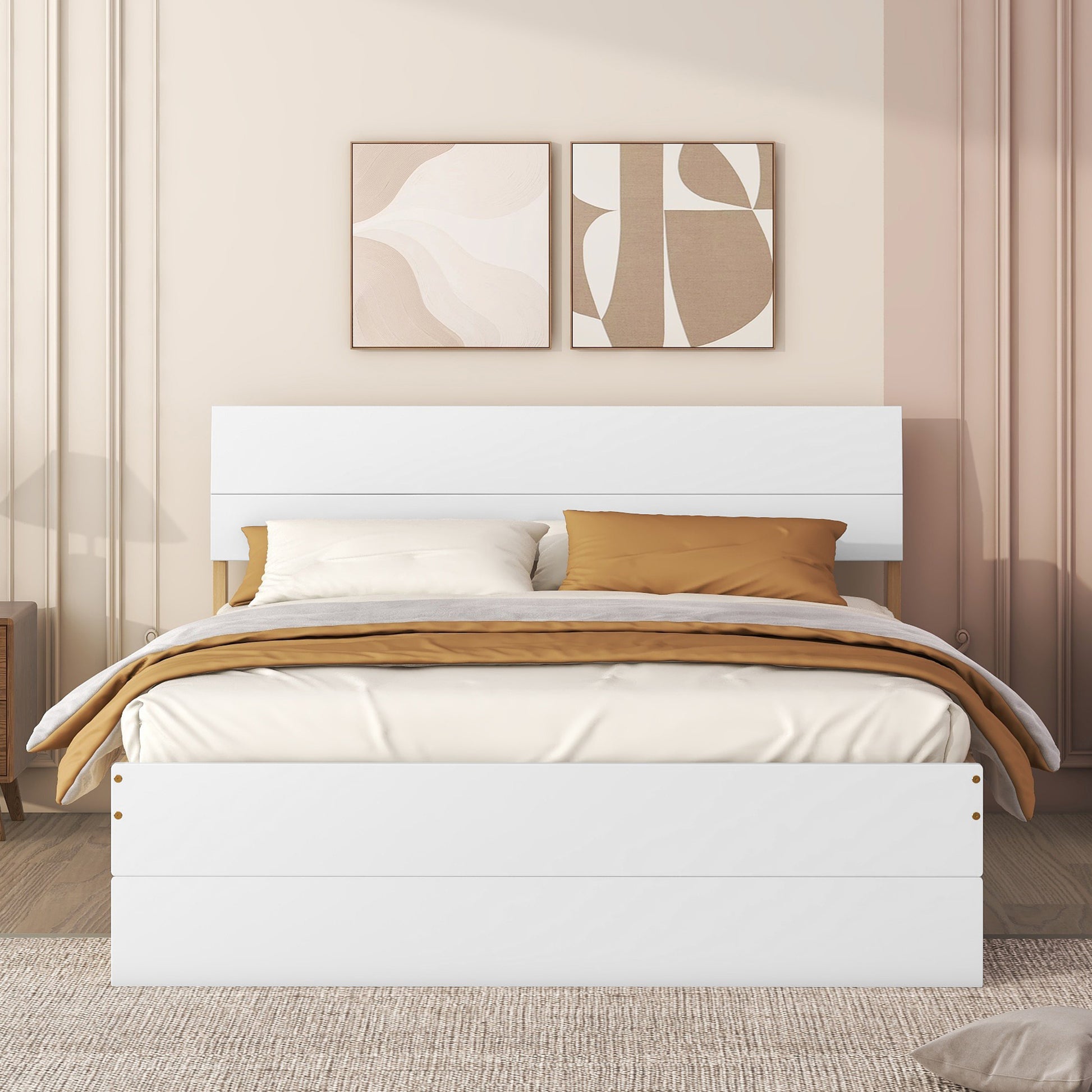 Modern Full Bed Frame With Twin Size Trundle And 2 Drawers For White High Gloss With Light Oak Color White Oak Solid Wood Mdf