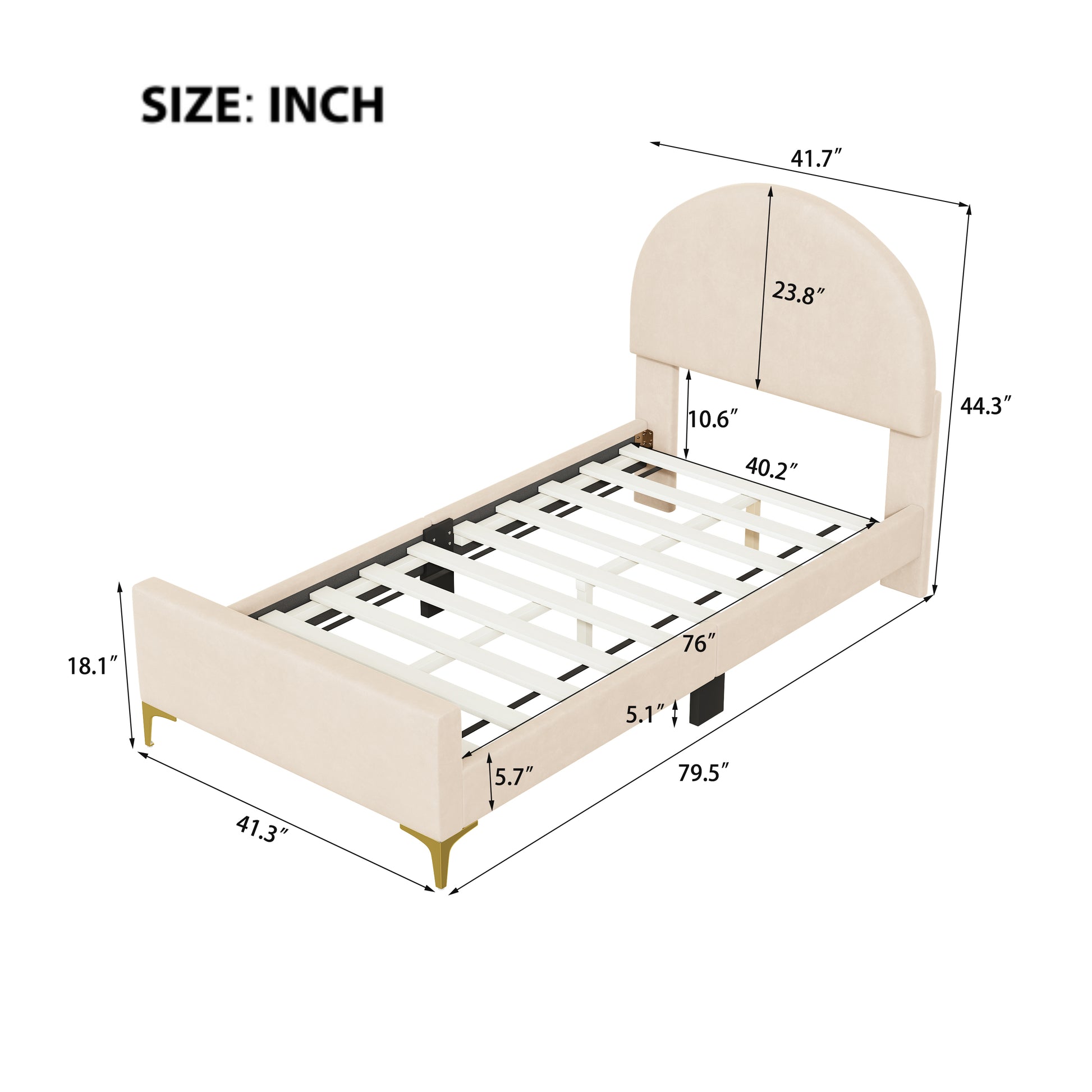 Twin Size Upholstered Platform Bed With Classic Semi Circle Shaped Headboard And Mental Legs, Velvet, Beige Beige Velvet