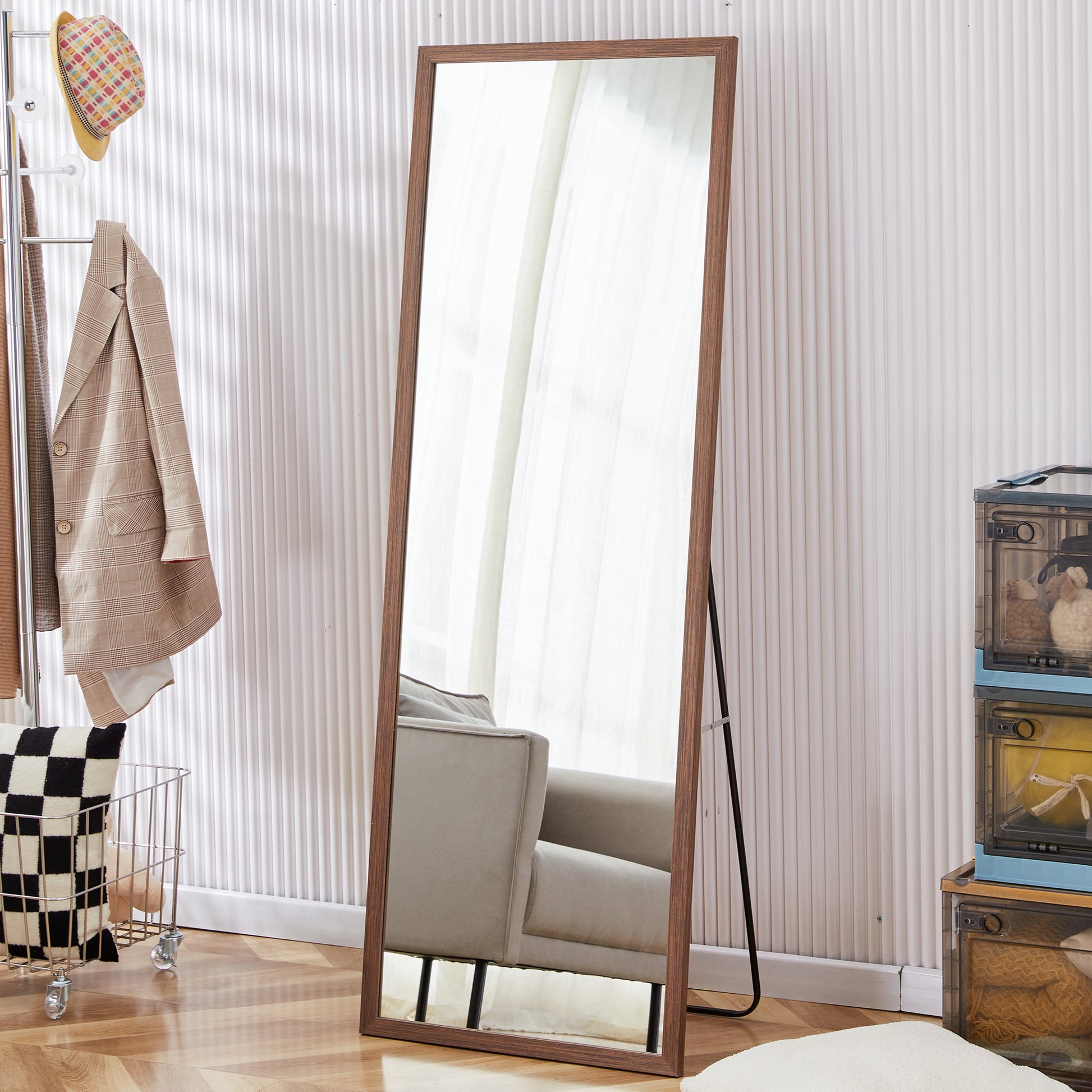 Third Generation Packaging Upgrade, Thickened Border, Brown Wood Grain Solid Wood Frame Full Length Mirror, Dressing Mirror, Bedroom Entrance, Decorative Mirror, And Floor Standing Mirror.65"*22.8" Brown Solid Wood