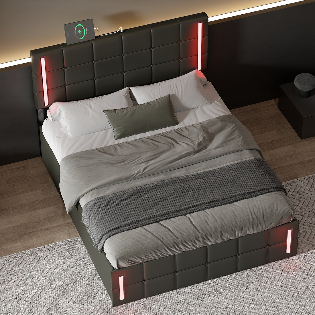 Full Size Upholstered Bed With Led Lights,Hydraulic Storage System And Usb Charging Station,Black Black Pu