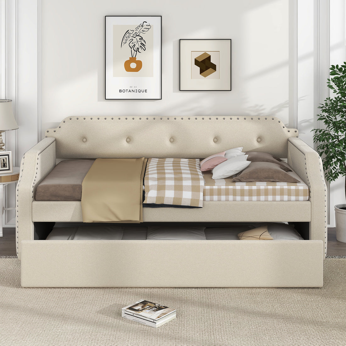 Upholstered Daybed With Trundle, Wood Slat Support,Upholstered Frame Sofa Bed, Twin, Beige Box Spring Not Required Twin Beige Bedroom Daybeds Linen Upholstered