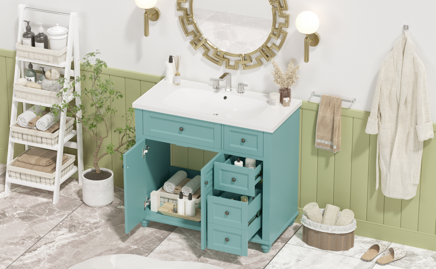 36'' Bathroom Vanity With Undermount Sink,Free Standing Vanity Set With 2 Drawers& Soft Closing Doors,Solid Wood Frame Bathroom Storage Cabinet 2 Blue Green 2 1 Soft Close Doors Bathroom Freestanding Solid Wood Mdf Resin Painted