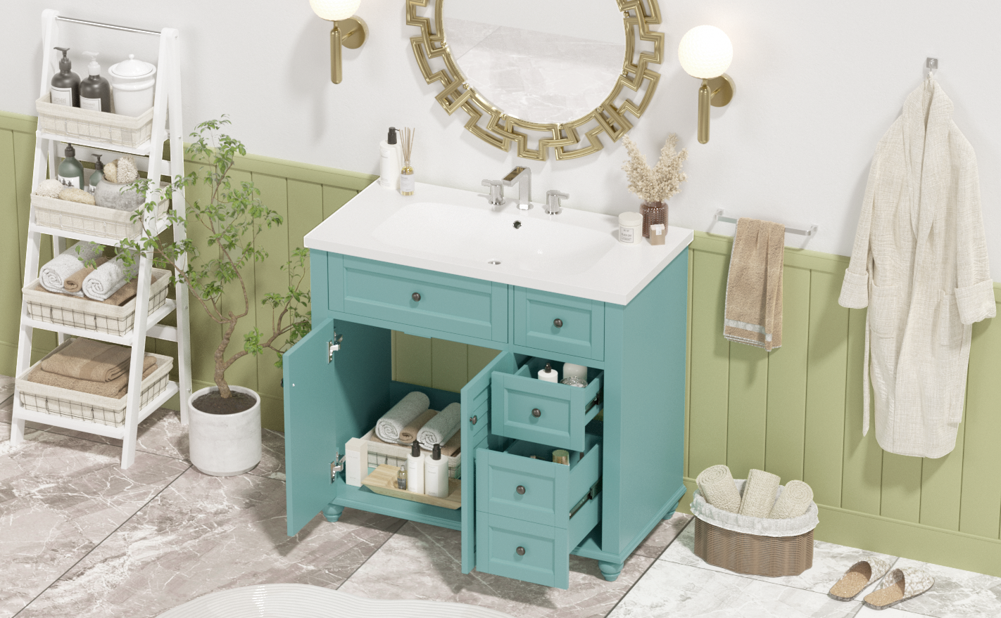 36'' Bathroom Vanity With Undermount Sink,Free Standing Vanity Set With 2 Drawers& Soft Closing Doors,Solid Wood Frame Bathroom Storage Cabinet Same As Sw000117Aaf Blue Green Bathroom Modern Solid