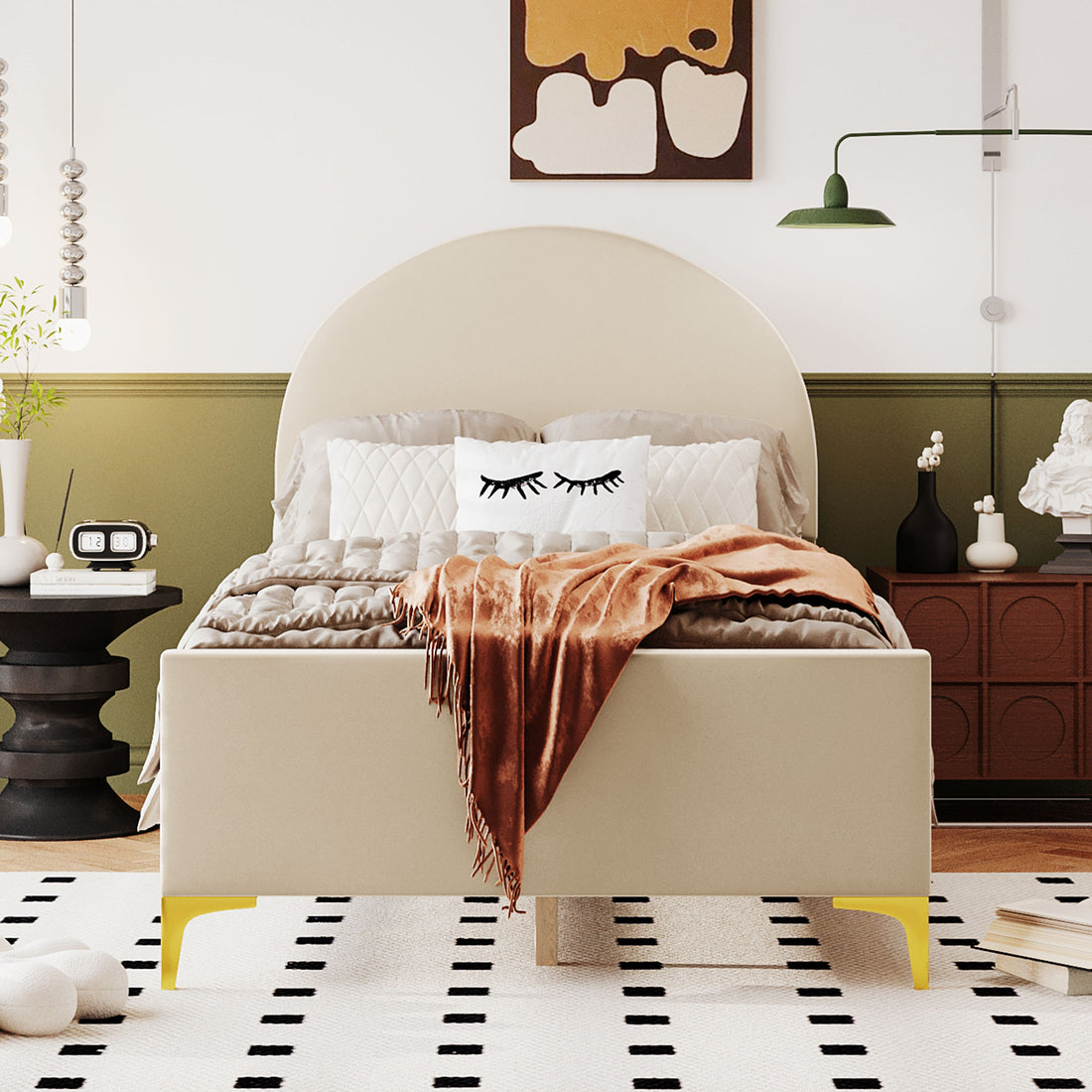 Twin Size Upholstered Platform Bed With Classic Semi Circle Shaped Headboard And Mental Legs, Velvet, Beige Beige Velvet