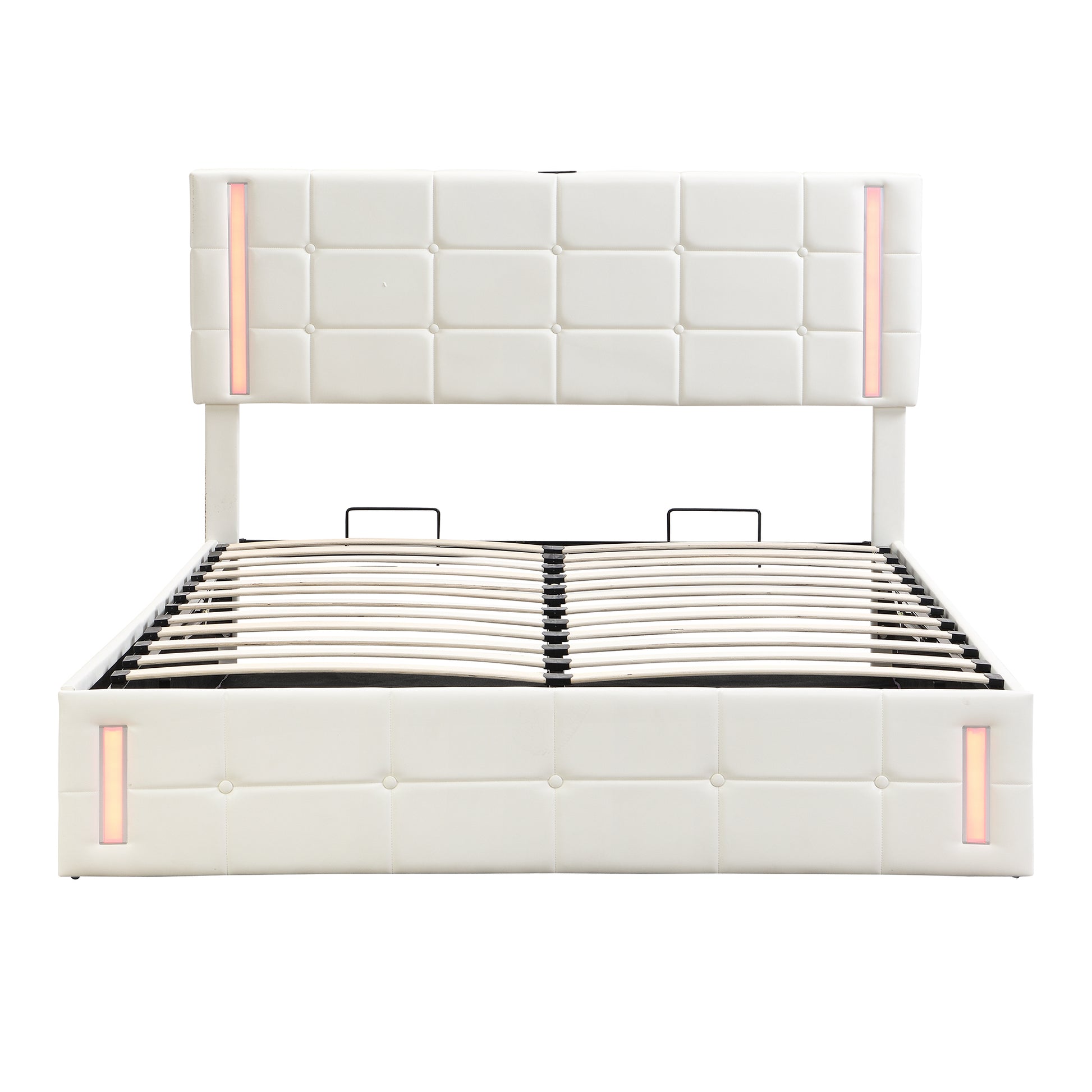 Queen Size Upholstered Bed With Led Lights,Hydraulic Storage System And Usb Charging Station,White White Pu