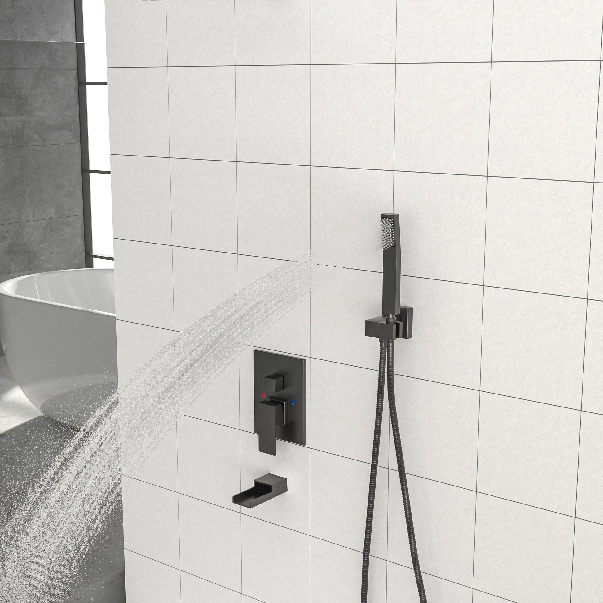 Shower System With Waterfall Tub Spout,16 Inch Ceiling Mount Square Shower System With Rough In Valve,Matte Black Matte Black Stainless Steel