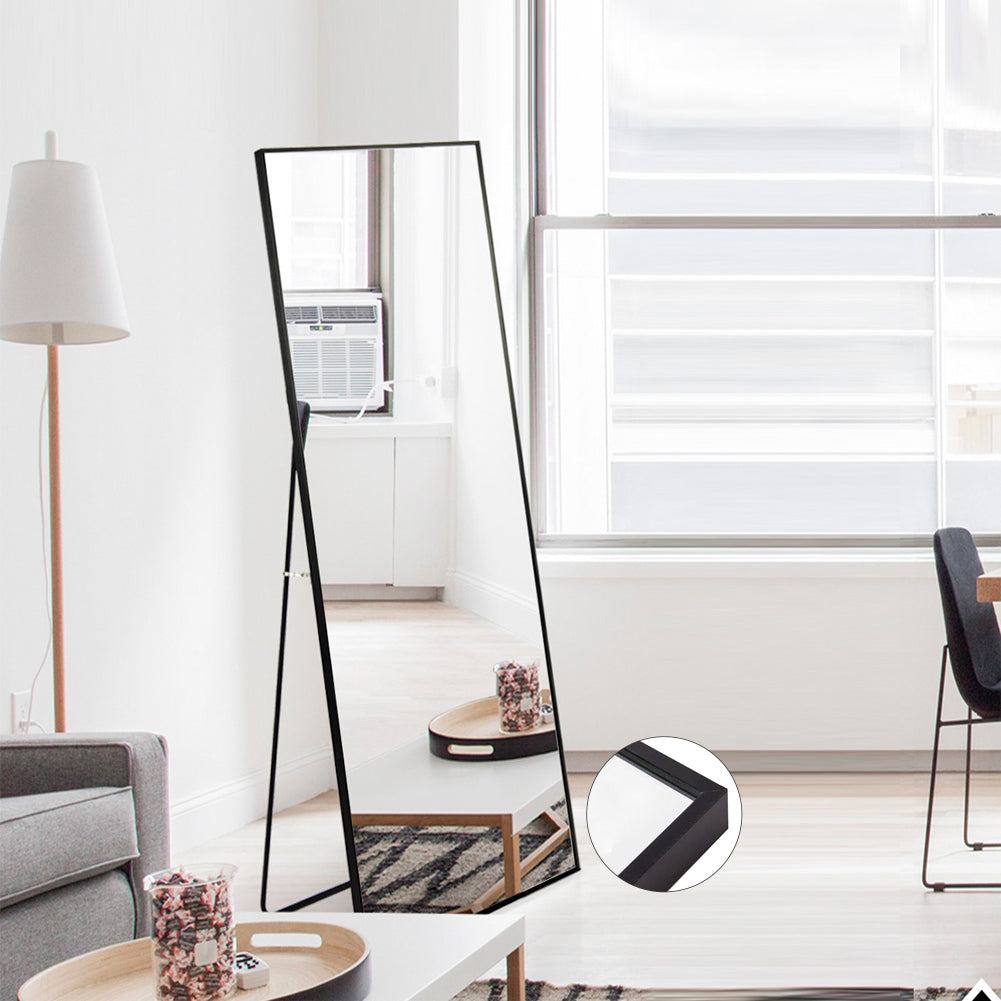Tempered Mirror 59" X 16" Tall Full Length Mirror With Stand, Black Wall Mounting Full Body Mirror, Metal Frame Full Length Mirror For Living Room, Bedroom Black Glass