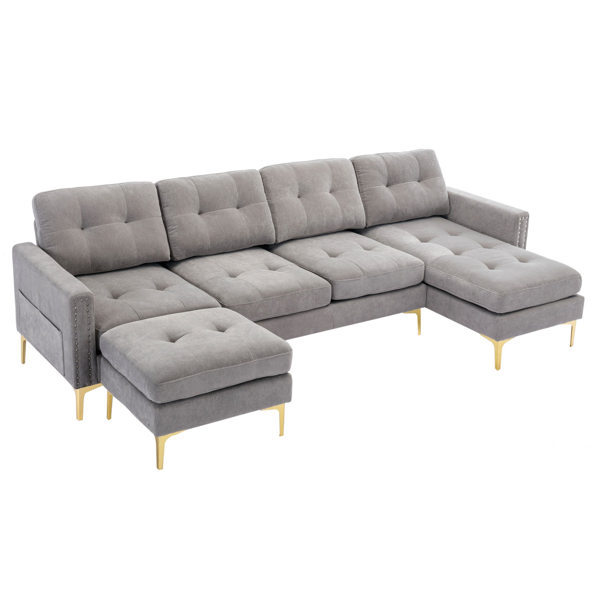 110" L Shape Convertible Sectional Sofa Couch With Movable Ottoman For Living Room, Apartment, Office, Light Grey Light Grey Foam Velvet 4 Seat