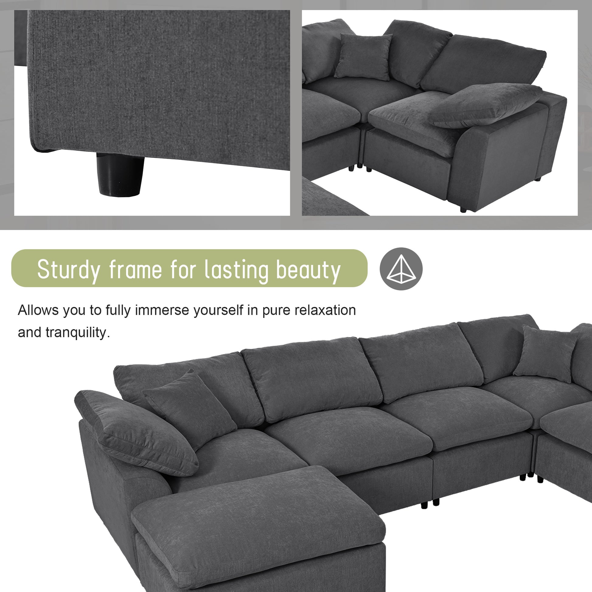 Oversized Modular Sectional Sofa With Ottoman L Shaped Corner Sectional For Living Room, Office, Spacious Space Gray Polyester 7 Seat