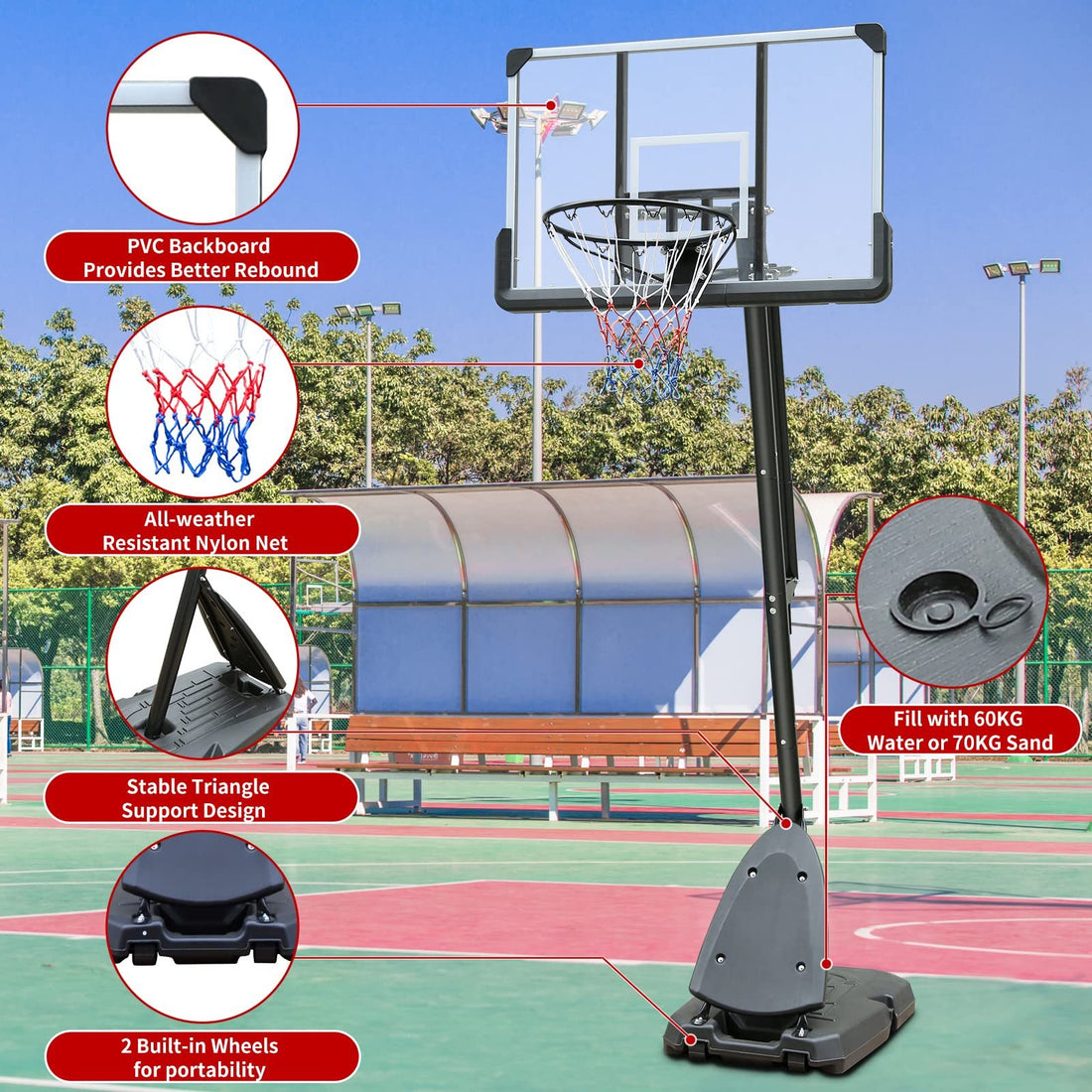 Height Adjustable 7 To 10Ft Basketball Hoop 44 Inch Backboard Portable Basketball Goal System With Stable Base And Wheels, Use For Outdoor Balls Sports Black Gray Portable Garden & Outdoor Training Support Iron