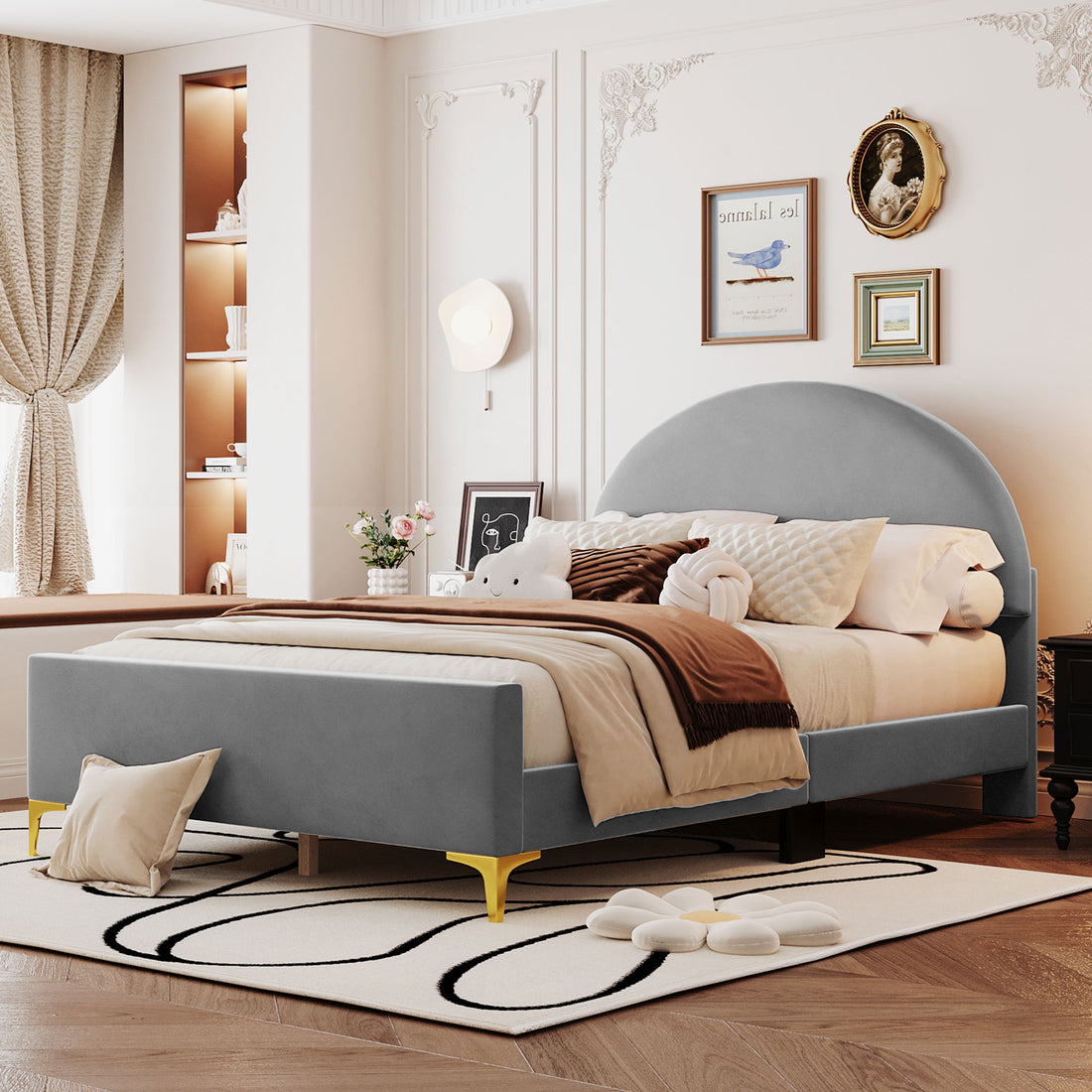 Full Size Upholstered Platform Bed With Classic Semi Circle Shaped Headboard And Mental Legs, Velvet, Gray Gray Velvet