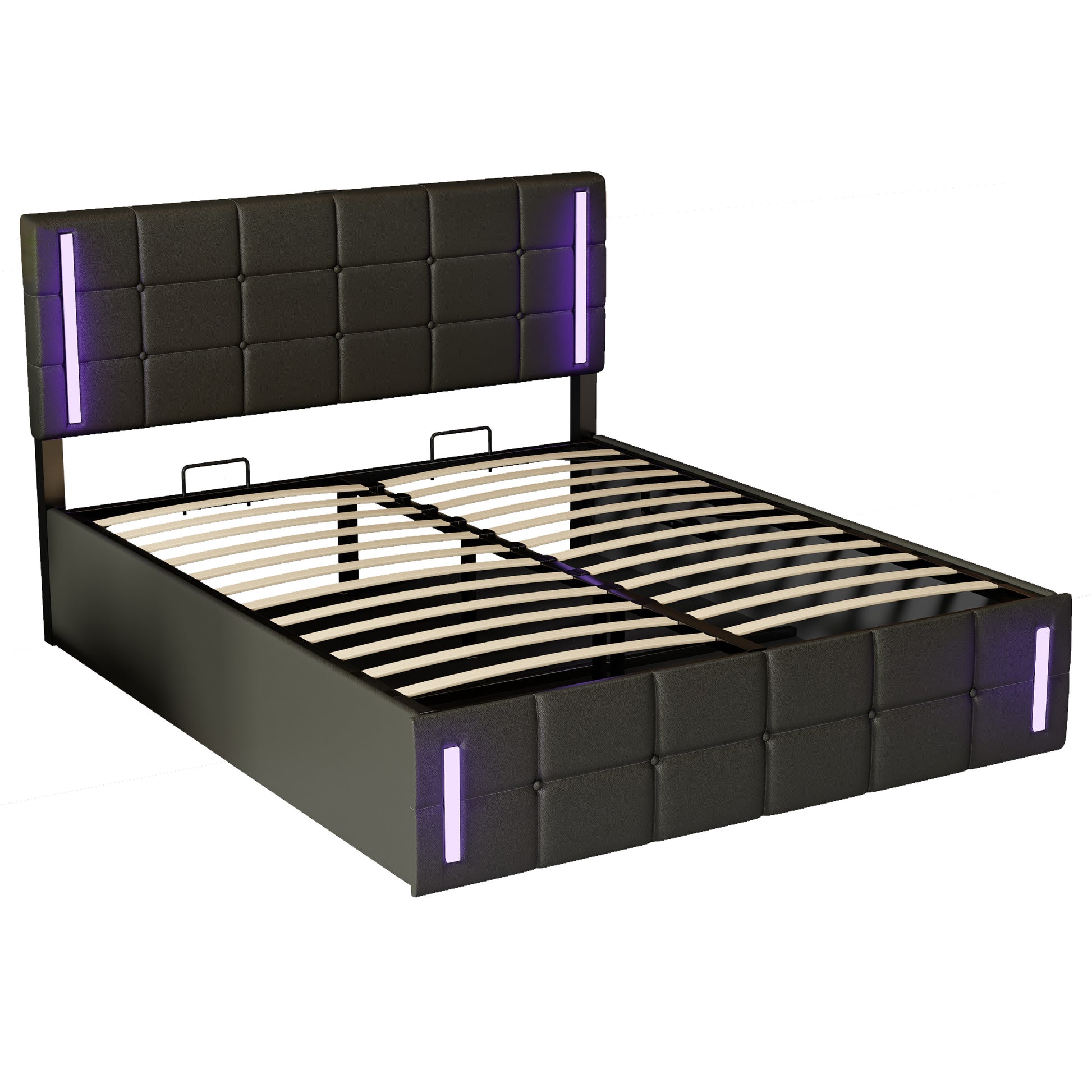 Full Size Upholstered Bed With Led Lights,Hydraulic Storage System And Usb Charging Station,Black Black Pu