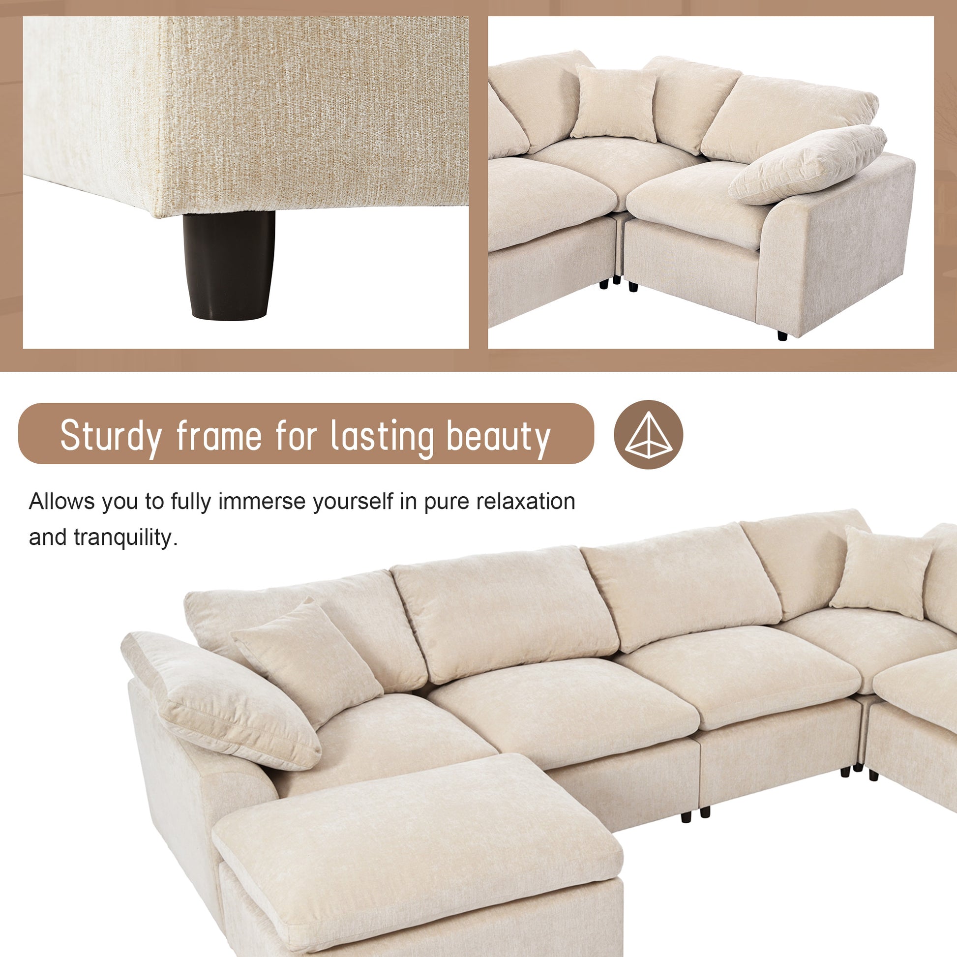 Oversized Modular Sectional Sofa With Ottoman L Shaped Corner Sectional For Living Room, Office, Spacious Space Beige Polyester 7 Seat