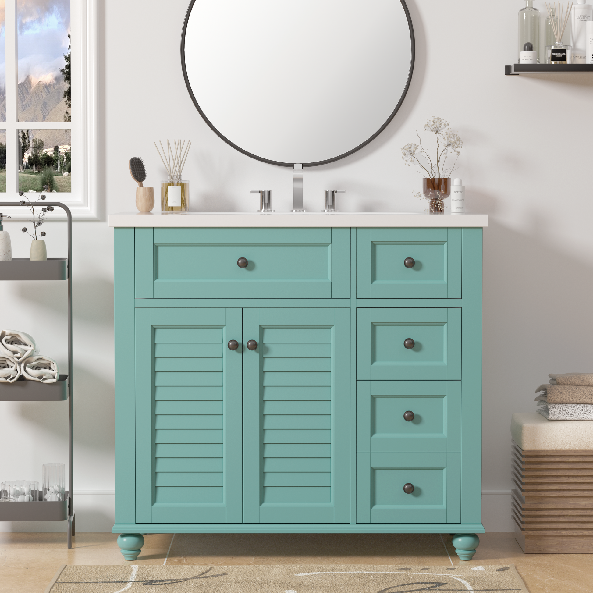 36'' Bathroom Vanity With Undermount Sink,Free Standing Vanity Set With 2 Drawers& Soft Closing Doors,Solid Wood Frame Bathroom Storage Cabinet Same As Sw000117Aaf Blue Green Bathroom Modern Solid