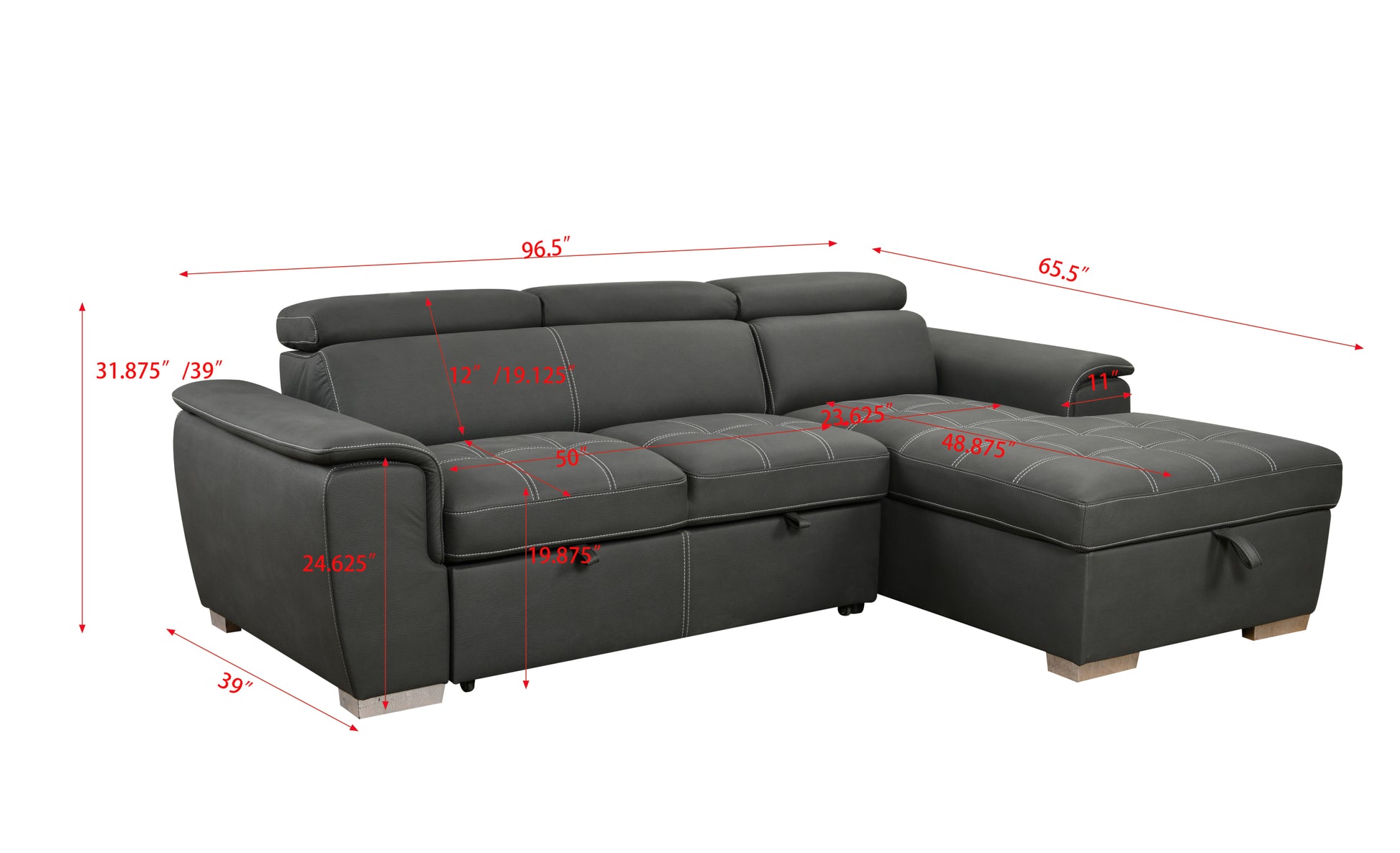 97 Inch Convertible Sectional Sofa With Storage Chaise, Adjustable Headrests, Contemporary L Shaped Sleeper Corner Sectional Sofa With A Pull Out Bed ,Gray Light Brown Wood Primary Living Space Heavy Duty Eucalyptus 3 Seat Gray Microfiber Soft Cushion