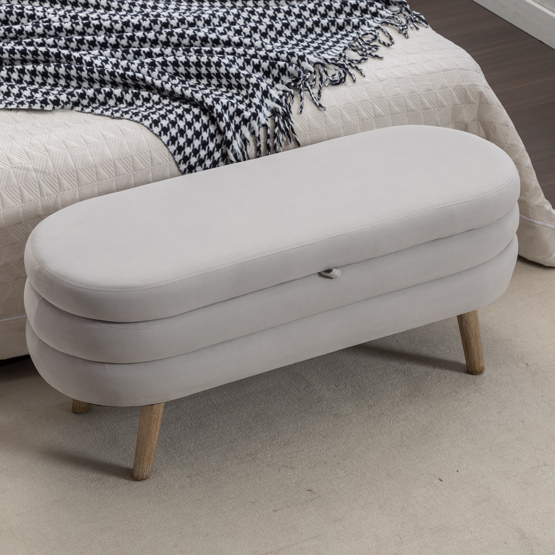 036 Velvet Fabric Storage Bench Bedroom Bench With Wood Legs For Living Room Bedroom Indoor,Light Gray Tufted Light Gray Velvet Bedroom Solid Modern Eucalyptus Internal Storage Foam Velvet