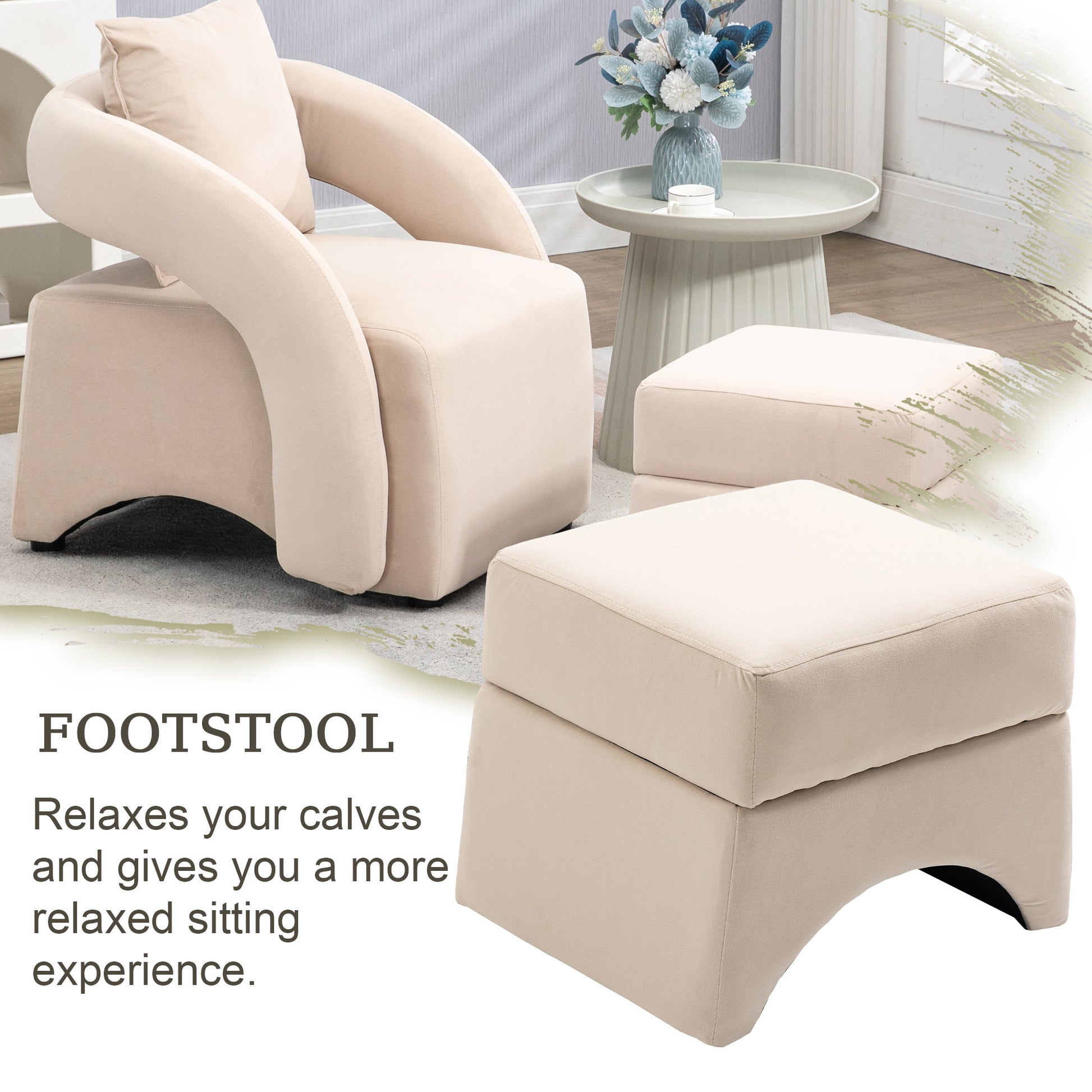 House Hold Accent Chair With Ottoman, Mid Century Modern Barrel Chair Upholstered Club Tub Round Arms Chair For Living Room Beige Velvet