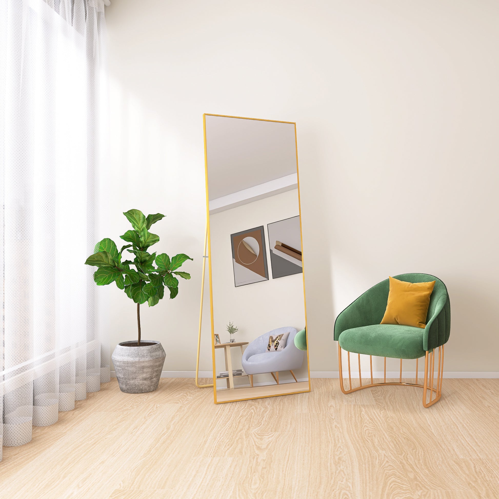 Tempered Mirror 64" X 24" Tall Full Length Mirror With Stand, Gold Wall Mounting Full Body Mirror, Metal Frame Full Length Mirror For Living Room, Bedroom Gold Glass