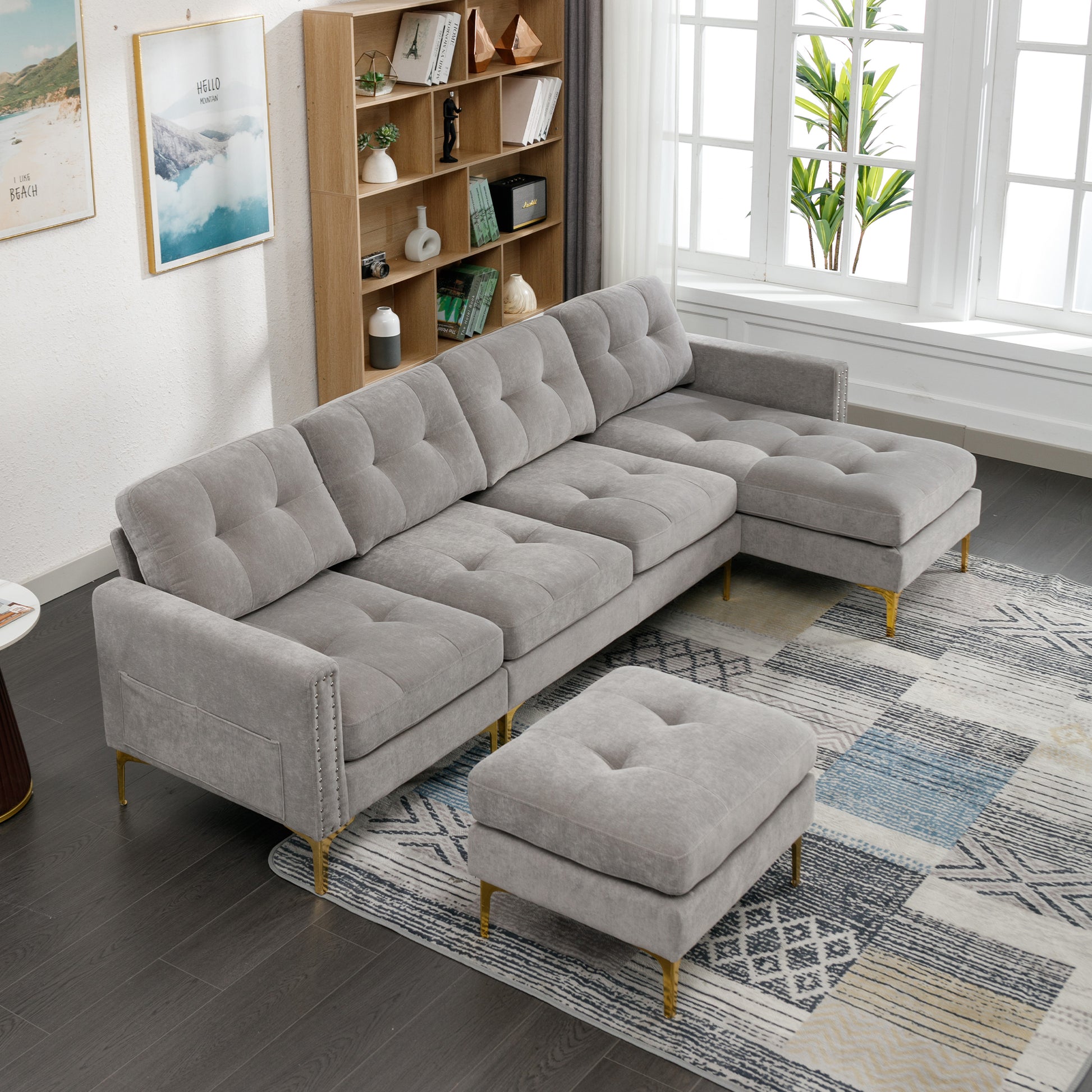 110" L Shape Convertible Sectional Sofa Couch With Movable Ottoman For Living Room, Apartment, Office, Light Grey Light Grey Foam Velvet 4 Seat