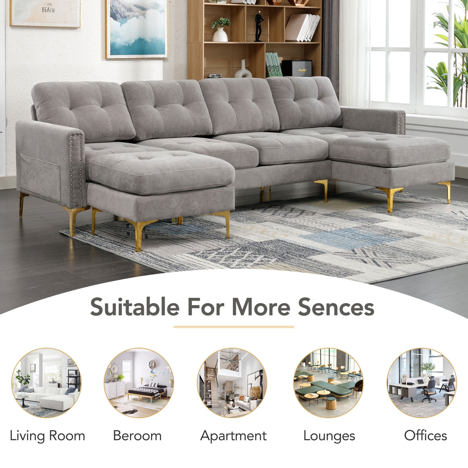 110" L Shape Convertible Sectional Sofa Couch With Movable Ottoman For Living Room, Apartment, Office, Light Grey Light Grey Foam Velvet 4 Seat