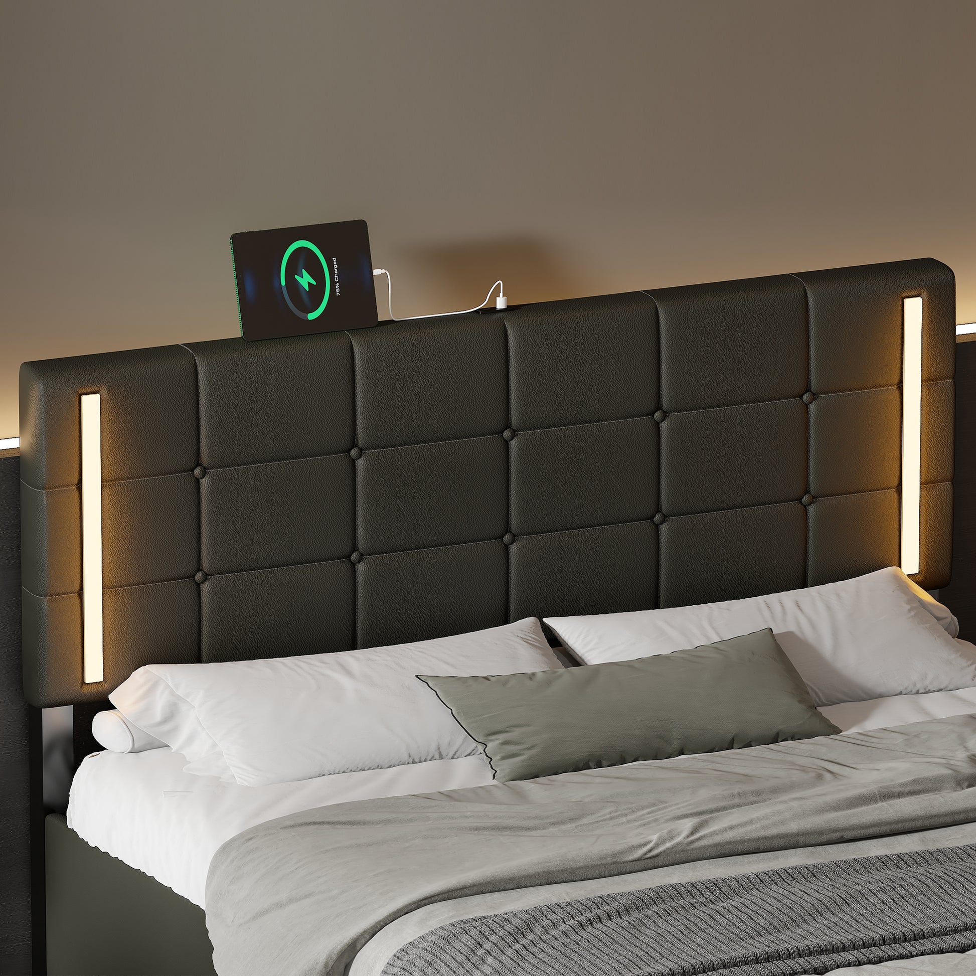 Queen Size Upholstered Bed With Led Lights,Hydraulic Storage System And Usb Charging Station,Black Black Pu