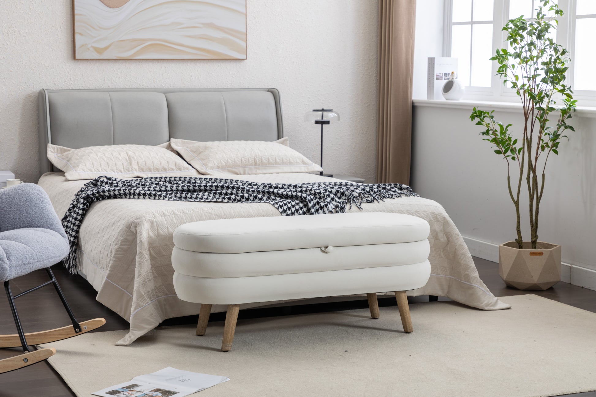 036 Velvet Fabric Storage Bench Bedroom Bench With Wood Legs For Living Room Bedroom Indoor,Ivory Tufted Ivory Velvet Bedroom Solid Modern Eucalyptus Internal Storage Foam Velvet