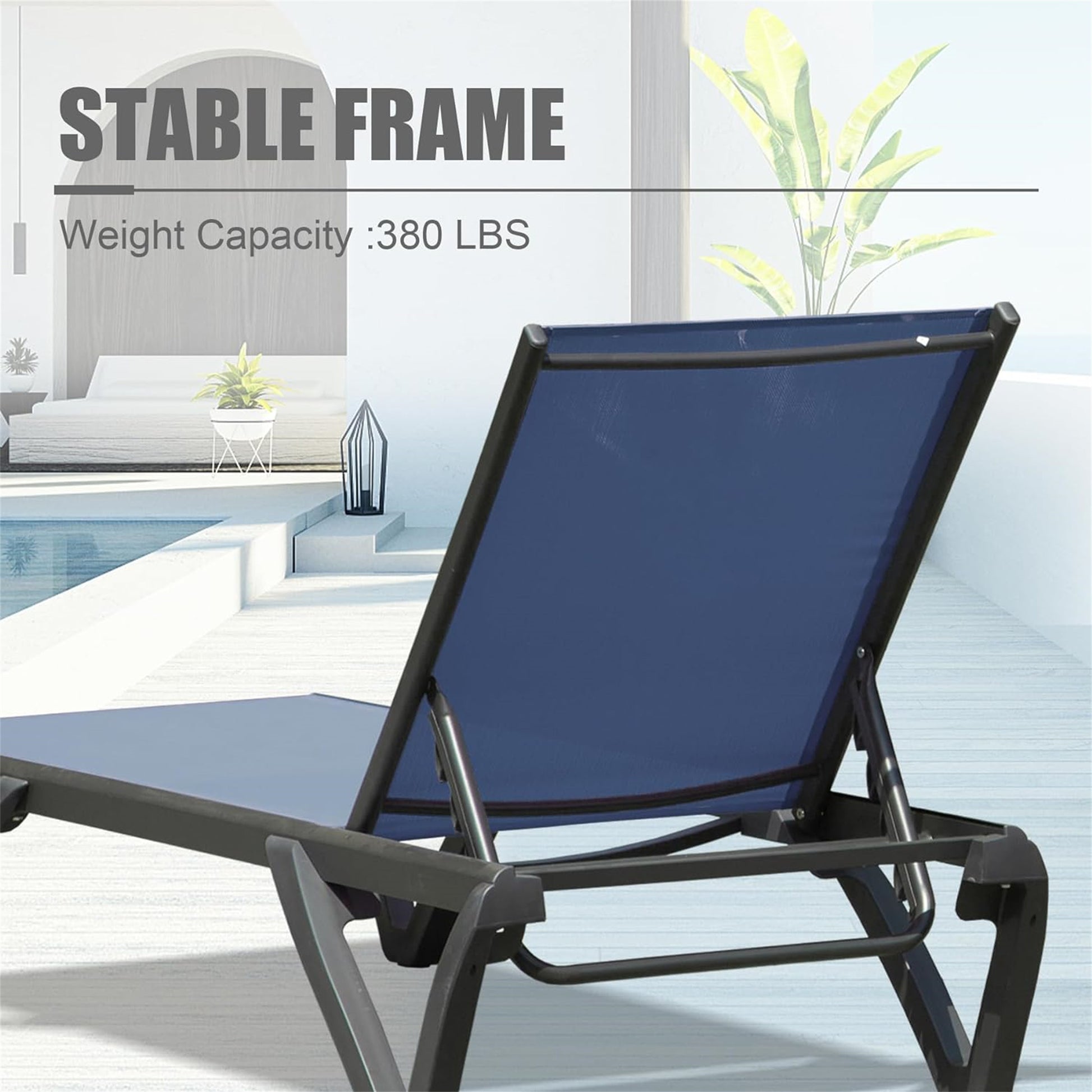 Outdoor Lounge Chair, Aluminum Plastic Patio Chaise Lounge With Side Table & 5 Position Adjustable Backrest & Wheels, All Weather Reclining Chair For Outside Beach Poolside Lawn, Navy Blue Navy Blue Aluminum