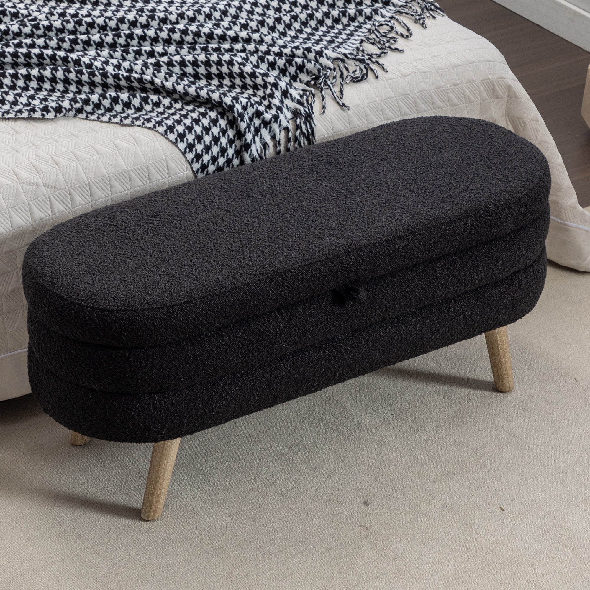 036 Boucle Fabric Storage Bench Bedroom Bench With Wood Legs For Living Room Bedroom Indoor,Black Tufted Black Bedroom Solid Brown Modern Eucalyptus Internal Storage Foam Boucle