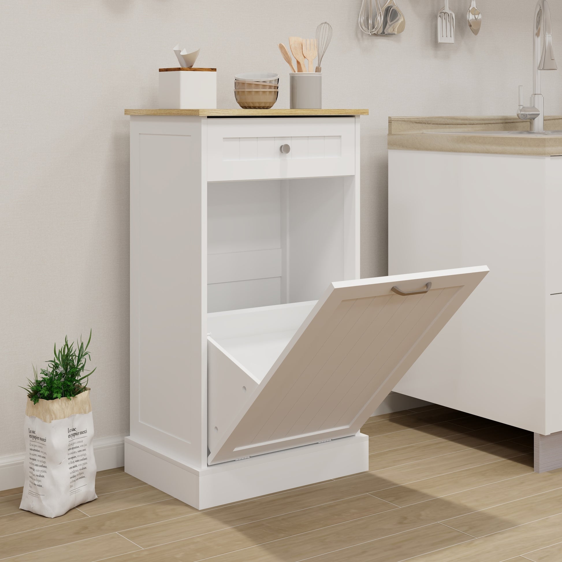 One Drawers And One Compartment Tilt Out Trash Cabinet Kitchen Trash Cabinet White White Mdf