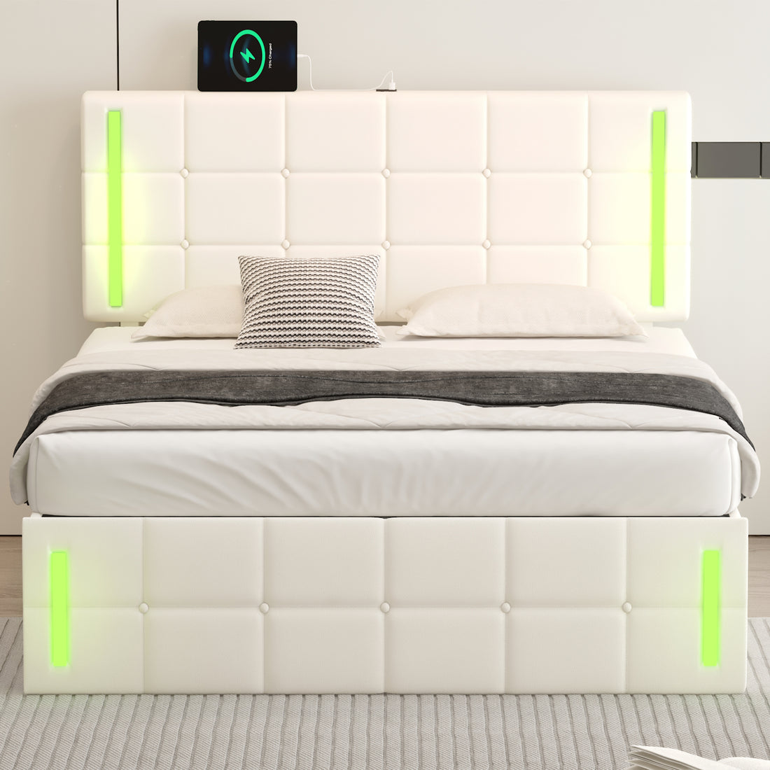 Full Size Upholstered Bed With Led Lights,Hydraulic Storage System And Usb Charging Station,White White Pu