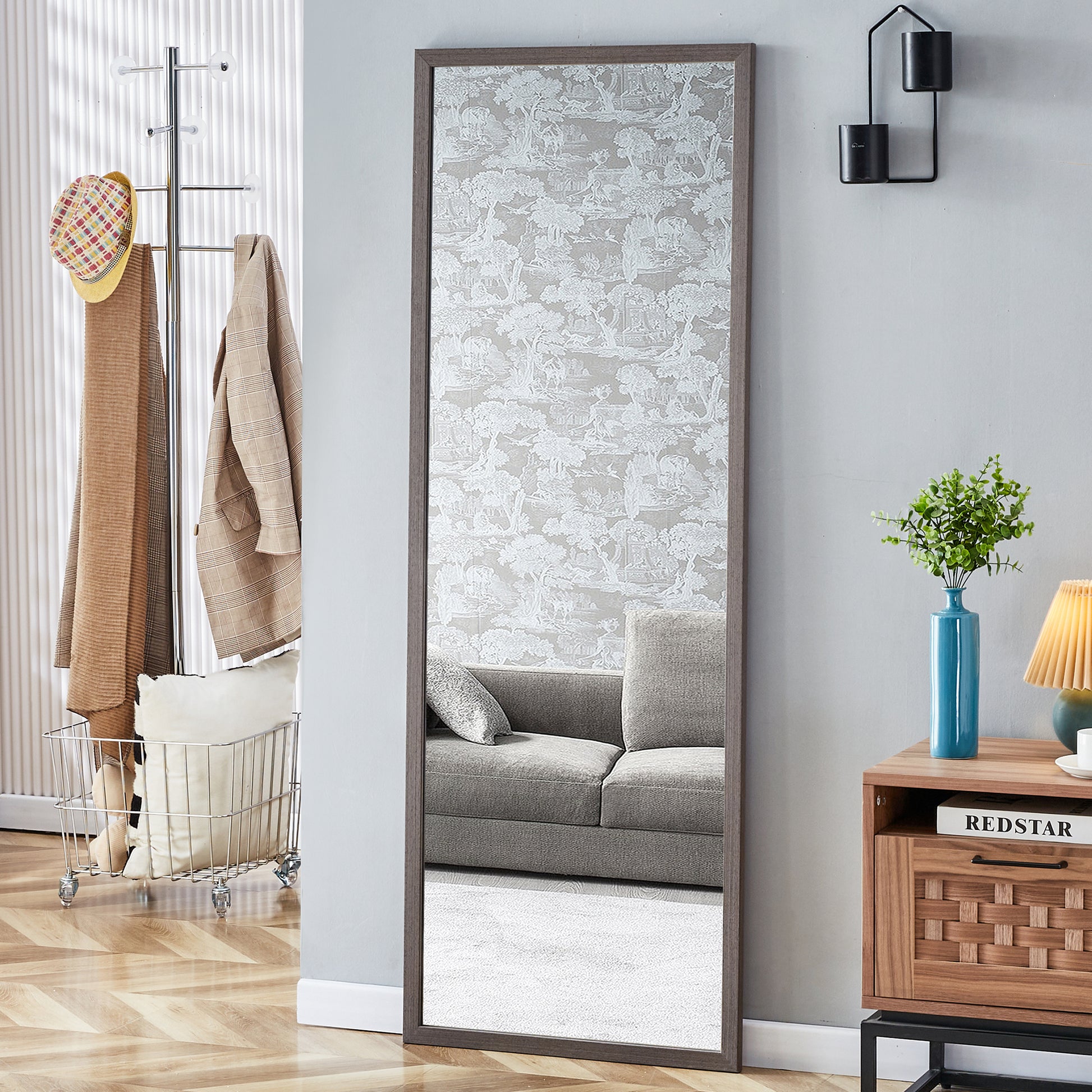 Third Generation Packaging Upgrade, Thickened Frame, Gray Wood Grain Solid Wood Frame Full Length Mirror, Dressing Mirror, Bedroom Entrance, Decorative Mirror, Floor Standing Mirror. 65"*22.8" Gray Solid Wood