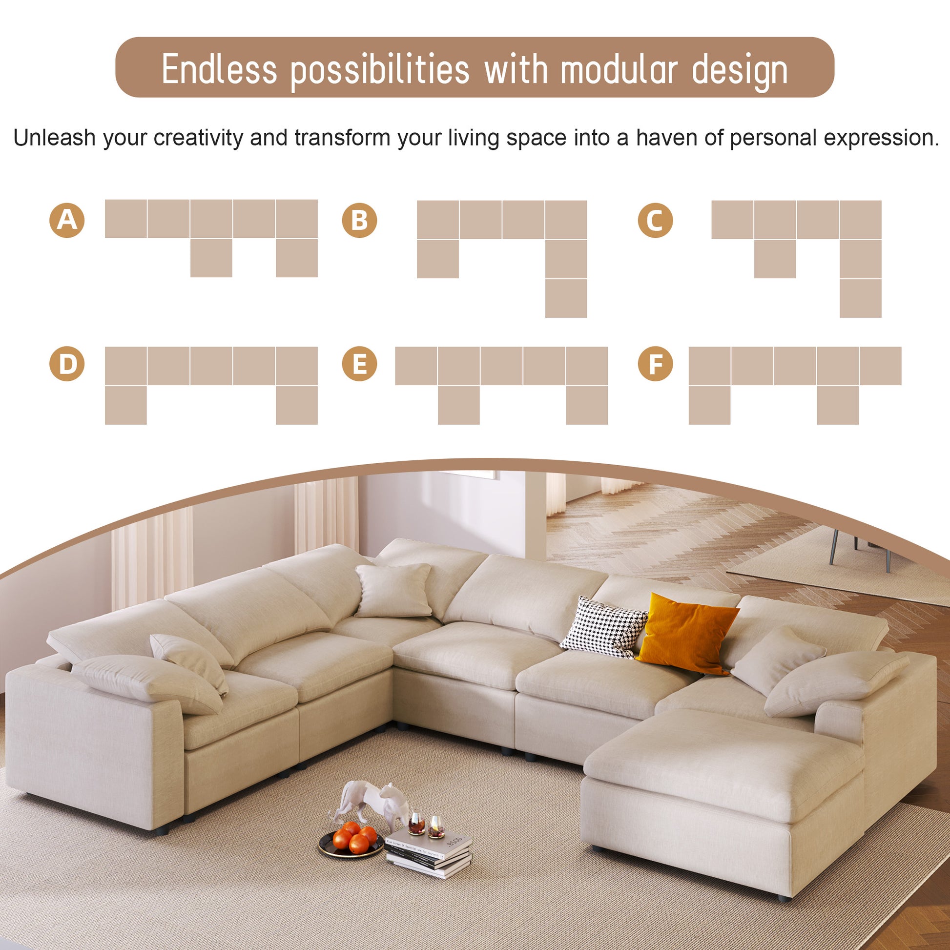 Oversized Modular Sectional Sofa With Ottoman L Shaped Corner Sectional For Living Room, Office, Spacious Space Beige Polyester 7 Seat
