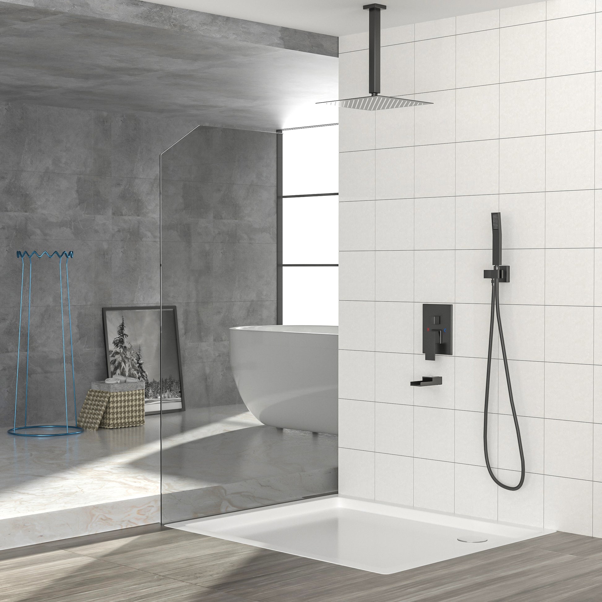 Shower System With Waterfall Tub Spout,16 Inch Ceiling Mount Square Shower System With Rough In Valve,Matte Black Matte Black Stainless Steel