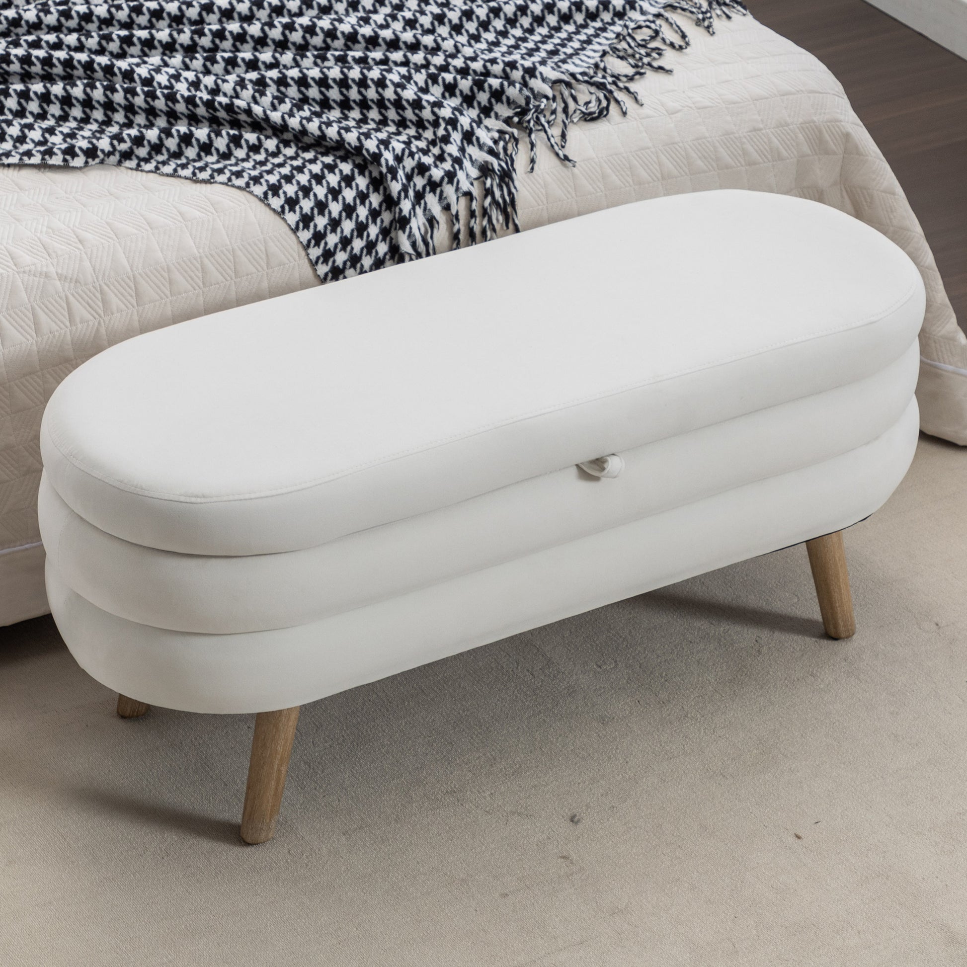 036 Velvet Fabric Storage Bench Bedroom Bench With Wood Legs For Living Room Bedroom Indoor,Ivory Tufted Ivory Velvet Bedroom Solid Modern Eucalyptus Internal Storage Foam Velvet