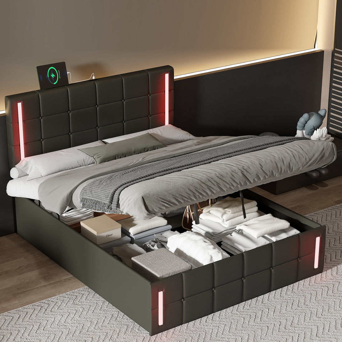 Full Size Upholstered Bed With Led Lights,Hydraulic Storage System And Usb Charging Station,Black Black Pu