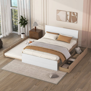 Modern Full Bed Frame With Twin Size Trundle And 2 Drawers For White High Gloss With Light Oak Color White Oak Solid Wood Mdf