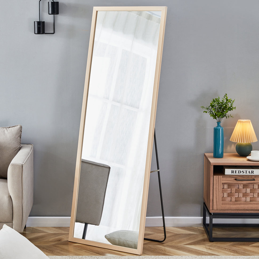 Third Generation Packaging Upgrade, Thickened Border, Full Length Mirror, Dressing Mirror, Bedroom Entrance, Decorative Mirror, Clothing Store, Mirror.65"*22.8" Light Oak Solid Wood