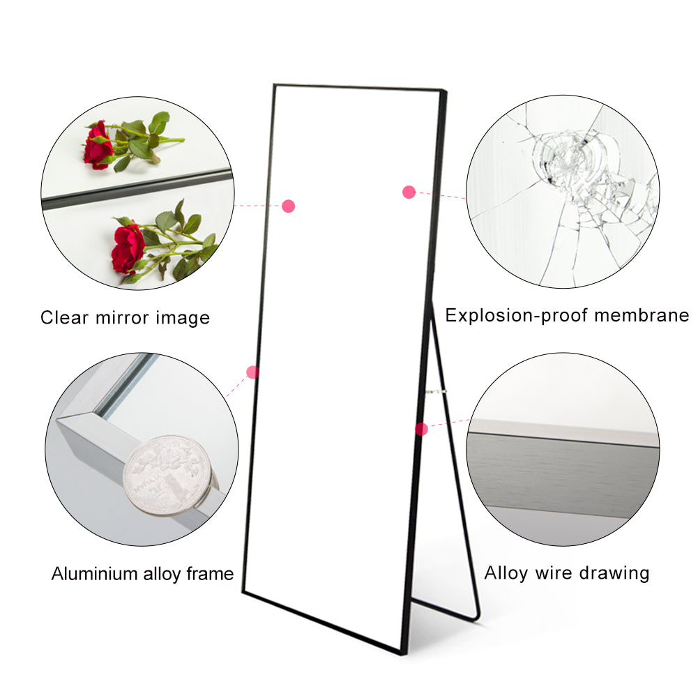 Tempered Mirror 59" X 16" Tall Full Length Mirror With Stand, Black Wall Mounting Full Body Mirror, Metal Frame Full Length Mirror For Living Room, Bedroom Black Glass