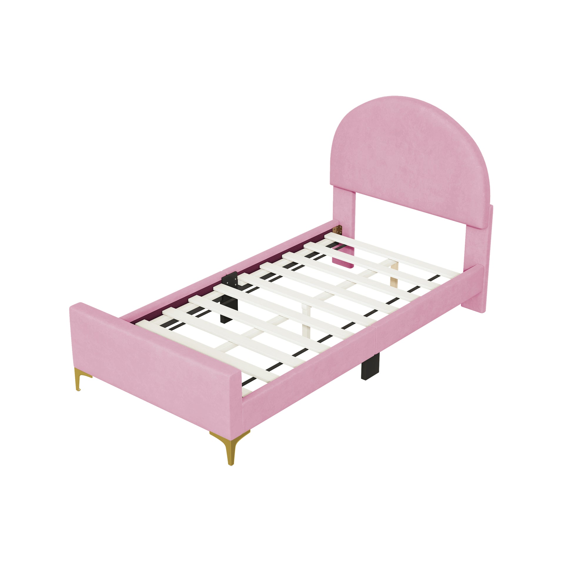 Twin Size Upholstered Platform Bed With Classic Semi Circle Shaped Headboard And Mental Legs, Velvet, Pink Pink Velvet