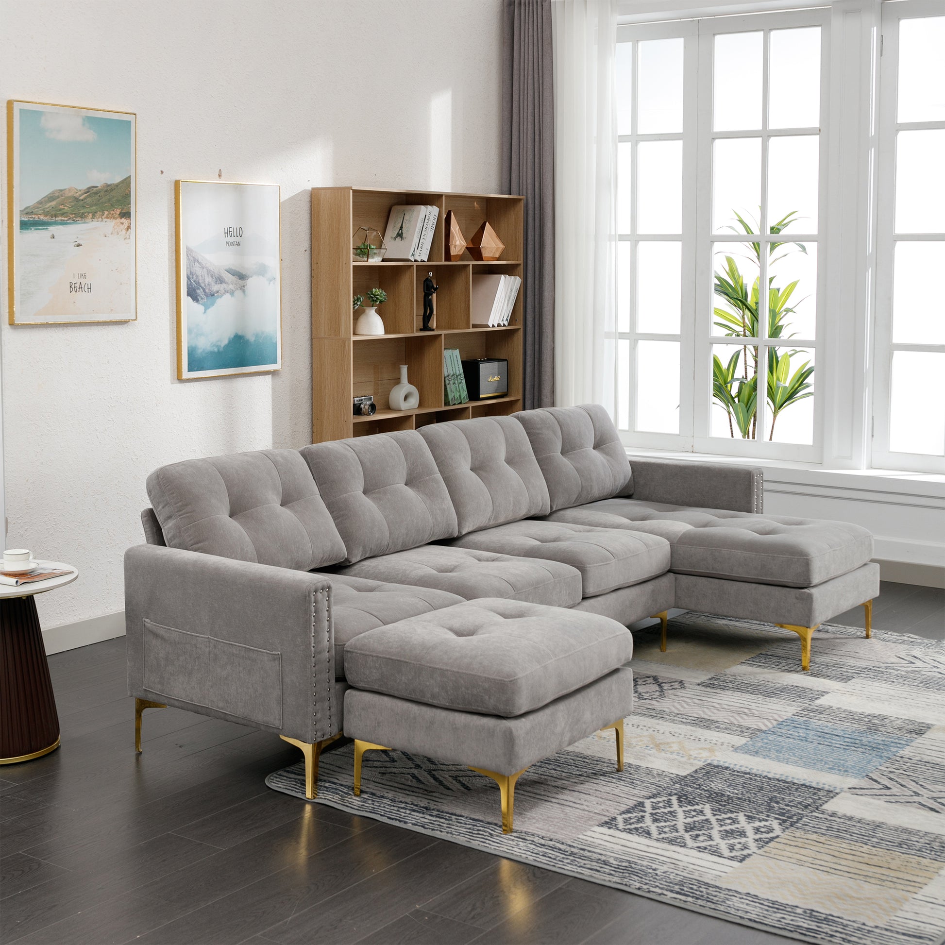 110" L Shape Convertible Sectional Sofa Couch With Movable Ottoman For Living Room, Apartment, Office, Light Grey Light Grey Foam Velvet 4 Seat