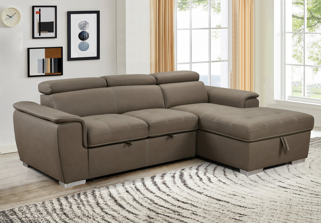 97 Inch Convertible Sectional Sofa With Storage Chaise, Adjustable Headrests, Contemporary L Shaped Sleeper Corner Sectional Sofa With A Pull Out Bed ,Brown Light Brown Wood Primary Living Space Heavy Duty Eucalyptus 3 Seat Brown Microfiber Soft Cushion