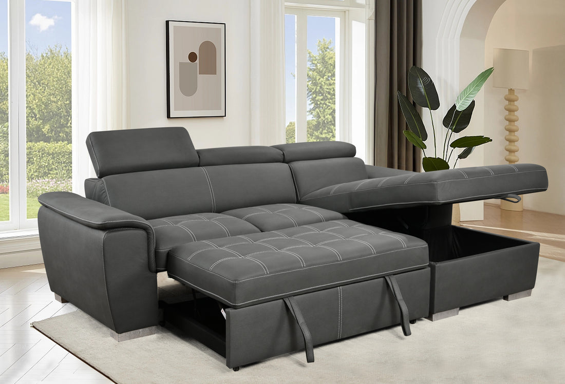 97 Inch Convertible Sectional Sofa With Storage Chaise, Adjustable Headrests, Contemporary L Shaped Sleeper Corner Sectional Sofa With A Pull Out Bed ,Gray Light Brown Wood Primary Living Space Heavy Duty Eucalyptus 3 Seat Gray Microfiber Soft Cushion