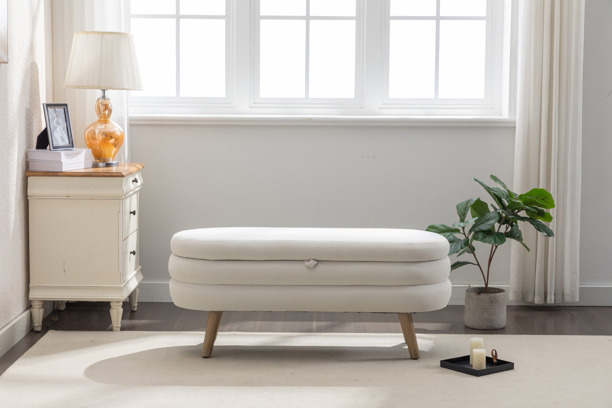 036 Velvet Fabric Storage Bench Bedroom Bench With Wood Legs For Living Room Bedroom Indoor,Ivory Tufted Ivory Velvet Bedroom Solid Modern Eucalyptus Internal Storage Foam Velvet