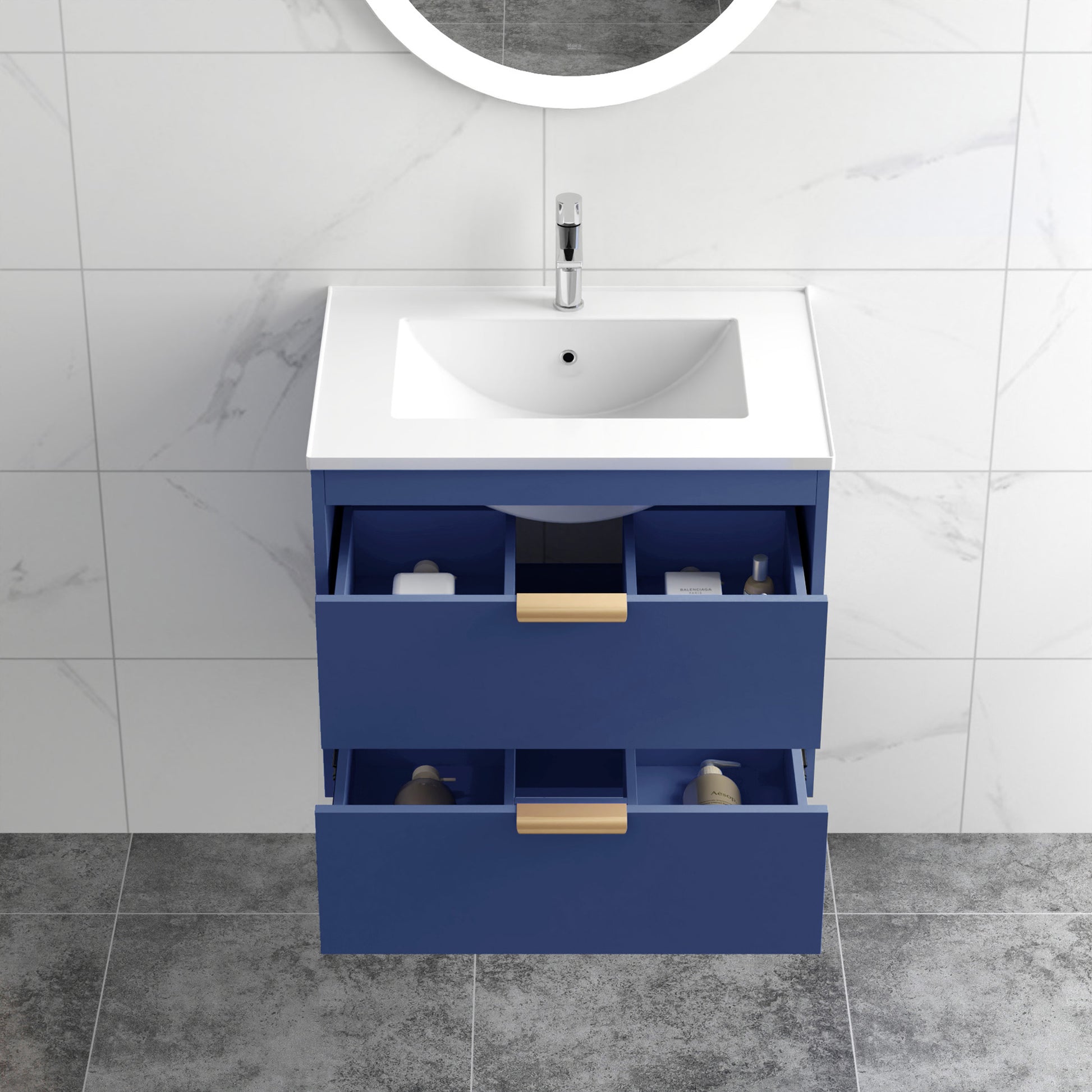 24" Floating Wall Mounted Bathroom Vanity With White Ceramic Sink And Drawer Storage Blue Wall Mounted Ceramic Mdf