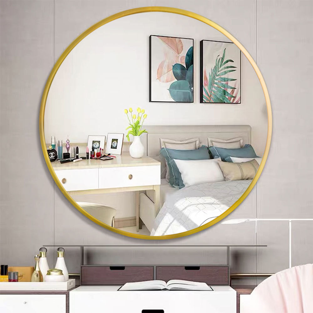 Tempered Mirror 32" Wall Circle Mirror For Bathroom, Gold Round Mirror For Wall, 20 Inch Hanging Round Mirror For Living Room, Vanity, Bedroom Gold Glass