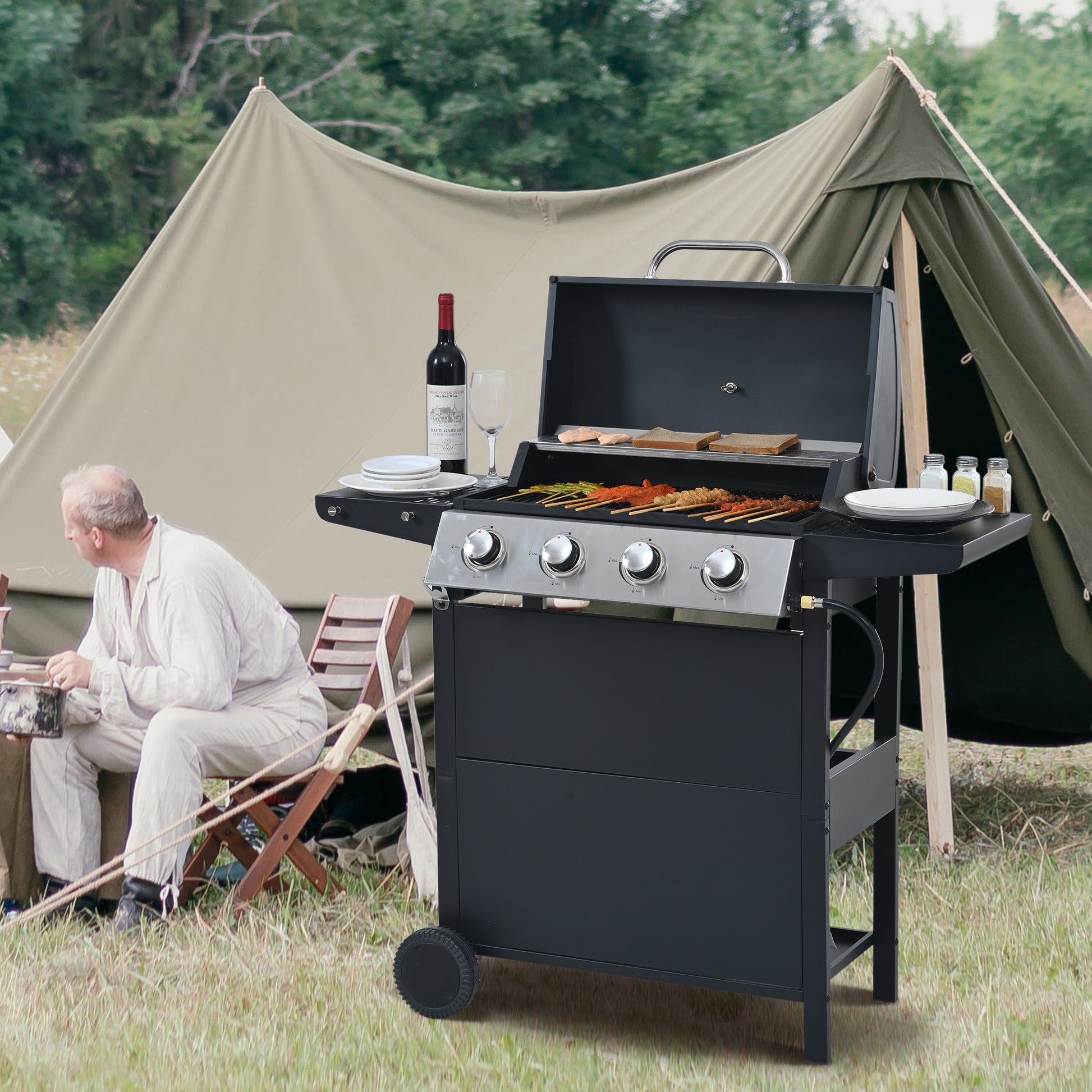 Propane Gas Grill 4 Burner Barbecue Grill, Stainless Steel 34,000 Btu Patio Garden Barbecue Grill With Two Shelves, Lid, Wheels And Bottle Opener Black Iron