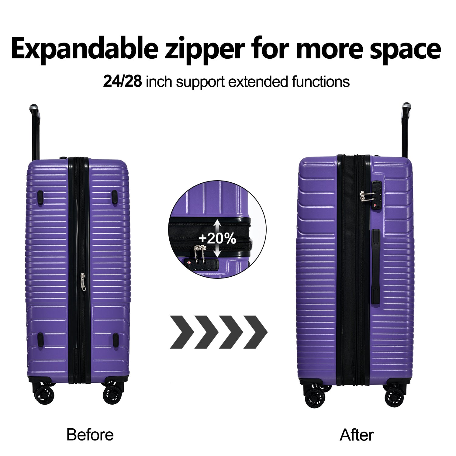 Hardshell Luggage Sets 3 Piece Double Spinner 8 Wheels Suitcase With Tsa Lock Lightweight 20''24''28'' Purple Abs