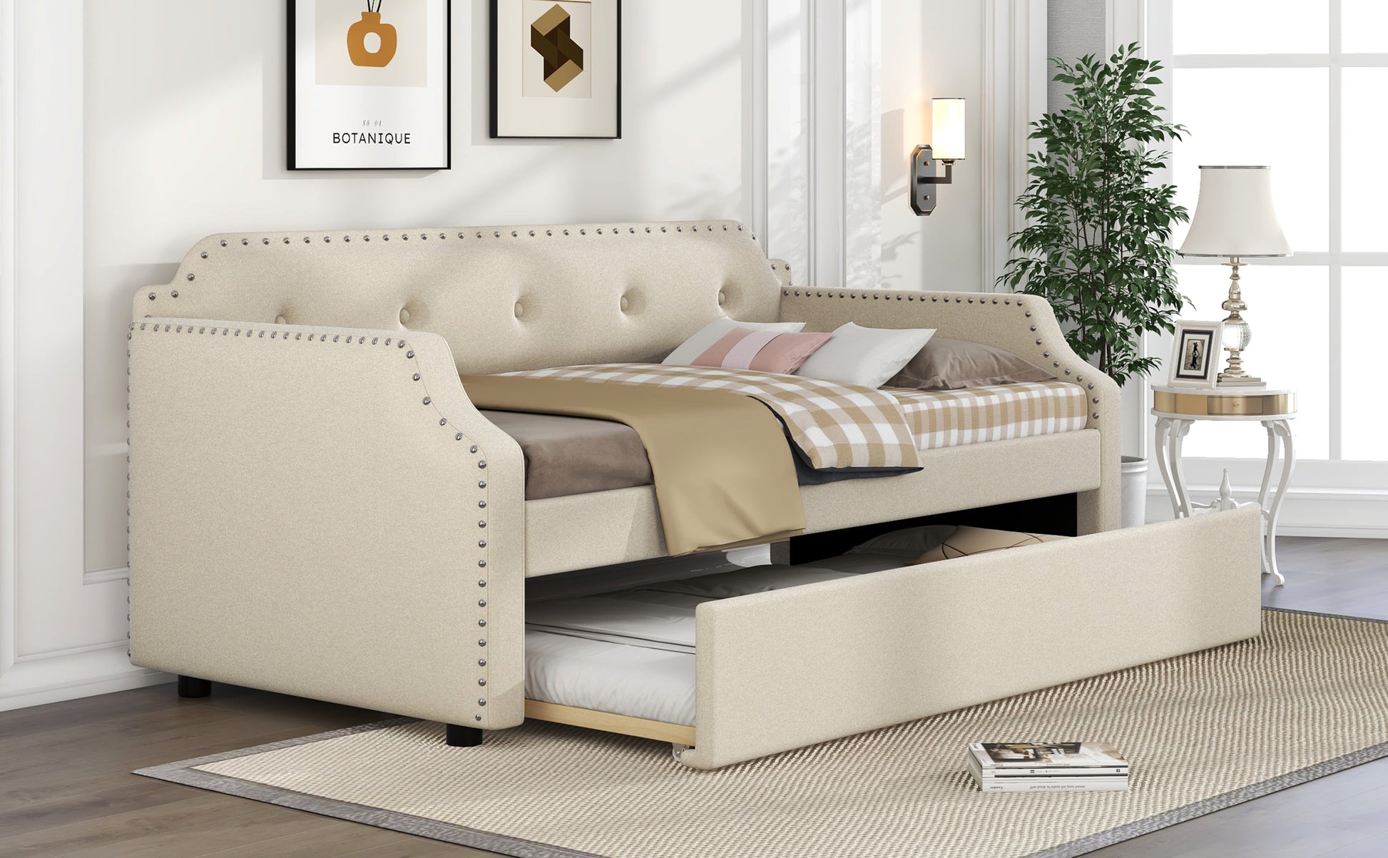 Upholstered Daybed With Trundle, Wood Slat Support,Upholstered Frame Sofa Bed, Twin, Beige Box Spring Not Required Twin Beige Bedroom Daybeds Linen Upholstered