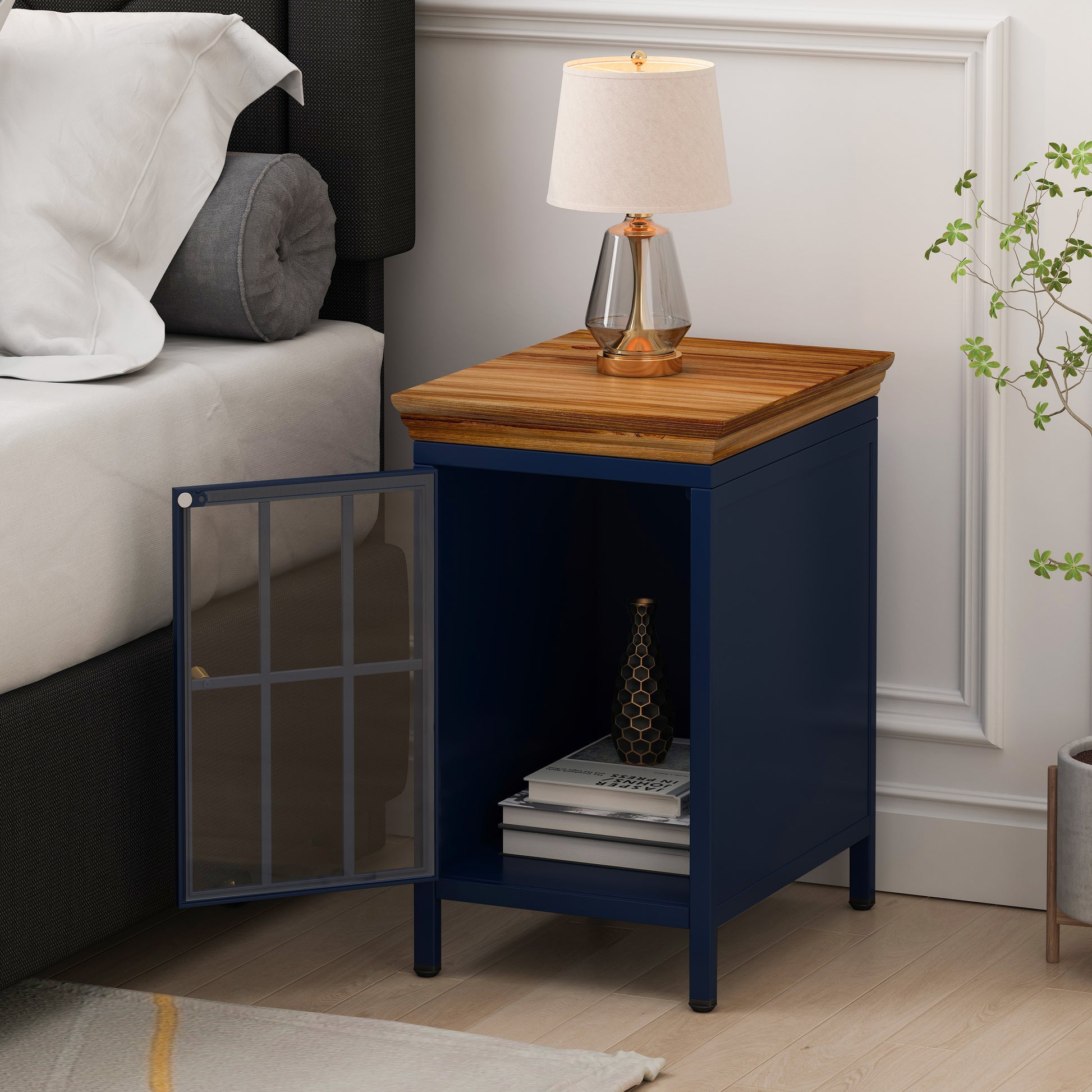 Nightstand With Storage Cabinet & Solid Wood Tabletop, Bedside Table, Sofa Side Coffee Table For Bedroom, Living Room, Dark Blue Set Of Two Pieces Blue Iron